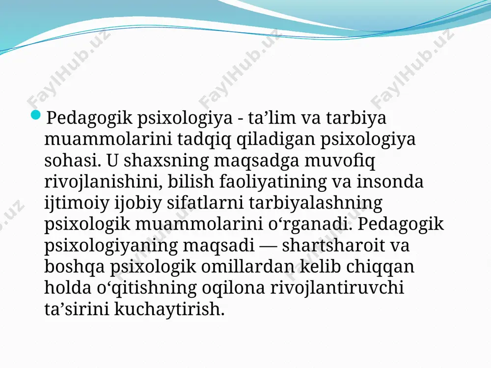 , voqelikni amaliy oʻzlashtirishiga, bilimlarni boyitish va rivojlantirishga yordam beradi. tabiiy va texnika fanlarida e.dan haqiqatni bilish va uni isbotlash vositasi sifatida foydalaniladi. e. ijtimoiy hodisalarni, xususan, ijtimoiy fanlarni tadqiq etishda ham keng qoʻllaniladi. psiхоlоgik-pеdаgоgik ekspеrimеnt bоlаgа u yoki bu pеdаgоgik tа`sirning mахsuldоrlik dаrаjаsini aniqlаsh uchun mахsus rivоjlаntiruvchi maqsadni kuzlаb o’tkаzilаdi. psiхоlоgik-pеdаgоgik ekspеrimеnt uch bosqichdаn ibоrаt: 1.aniqlоvchi ekspеrimеnt. 2.shаkllаntiruvchi ekspеrimеnt. 3.nаzоrаt ekspеrimеntlаri. pedagogik psixologiyada qo‘llaniladigan barcha metodlar quyidagilarga bo‘linadi: tashkiliy metodlar. sharhlash metodlari. baholash metodlari. natijalarni yig‘ish va qayta ishlash metodlari. tashkiliy metodlar o‘tkaziladigan tadqiqotning tashkiliy metodlar o‘tkaziladigan tadqiqotning maqsadi, mazmuni, tuzilishi, tashkil etilishi, tayyorgarlik shakllarini o‘z ichiga oladi. sharhlash metodlari o‘tkaziladigan tadqiqotning barchasi yoki uning ayrim qismlarini amalga oshirish shakllariga tegishli bo‘ladi. baholash metodlari tadqiqot natijalarini, jumladan tadqiqotda ishtirok etgan bolalarning psixologik va xulq-atvor xarakteristikalarini aniqlash psixologik-pedagogik baholash usullarini qamrab oladi. natijalarni yig‘ish va qayta ishlash metodlari deganda tadqiqotda sinaluvchilar haqida zarur ma’lumotlarni to‘plash nazarda tutiladi. mavzu bo’yicha savollar: …