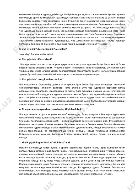 qusadi, o’zin qusiqg’a ma’jbu’rlep baslaydi, qusip jen’illesedi. dekompensaciya – suyiqliq evakuaciyasi buziliwi, asqazanda suw turip qaliwi, nawqastin’ uliwma ahwali jamanlasiwi, asqazan dilyataciyasi, asqazannin’ sozilip ketiwi gu’zetiledi. asqazanda 1,2 litrge shekem sassiq suw turip qalip ma’yek iyisli qusiq ko’p qusadi, onnan son’ organism suwsizlanip, qan qoyiwlasip, alkaloz boladi. 14. asqazannin’ ko’shiwshi (malignizaciya) jarasinin’ emlew taktikasi? konservativ emlew. h2 receptor blokatorlari (cimetedin, ranitidin,famotidin) omeprazol, atropin, antacid preparatlar, noshpa, papaverin. effekt berse jara kishireyiwi mu’mkin. lazer terapiya, jarani tigiw, elektrokaogulyaciya. nur terapiya, ximyaterapiya, xirurgik jol menen alip taslaw (rezekciya proksimal, distal uliwma jara jaylasiwina baylanisli), 15. asqazan pilorik bo’limi stenozinin’ emlew taktikasi? 3tu’rli xirurgik emlew qollaw mu’mkin. 1- asqazan rezekciyasi. 2- har qiyli drenajlaw (piloroplastika). 3-organdi saqlap qalatugi’n vagatomiyanin’ tu’rli variantlari, en’ ko’p qollaniladi. tek xirurgik emlenedi. 16. asqazan jarasinnan qan ketiwin emlew taktikasi? 1. кан жойтылыуына байланыслы трансфузион терапия (плазма яки эритроцит масса куйыу). 2.асказанды зондлау муздай суу мн жууыу 3. оксигенотерапия, …