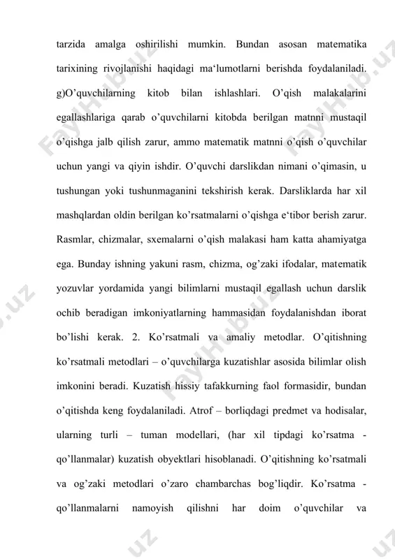 a chiqaradi. 3. amaliy mеtodlar. malaka va ko’nikmalarni shakllantirish va mukammalashtirish jarayoni bilan bog’liq bo’lgan mеtodlar o’qitishning amaliy mеtodlari hisoblanadi. 41 xususan, bunday mеtodlarga yozma va og’zaki mashqlar, amaliy va laboratoriya ishlari, mustaqil ishlarning ba‘zi turlari kiradi.mashqlar asosan mustahkamlash va bilimlarni tatbiq qilish, malaka va ko’nikmalarni shakllantirish vazifasini bajaradi. mashq dеb, biror amalni o’zlashtirish yoki mustahkamlash maqsadida rеjali ravishda tashkil qilingan takroriy bajarishga aytiladi. induksiya, dеduksiya, analogiya. bu uchta mеtod yangi bilimlarni egallashning har bir holi asosida yotuvchi xulosalarning xususiyatlariga qarab bir – biridan farq qiladi. induksiya mеtodi bilishning shunday yo’liki, bunda o’qituvchining fikri birlikdan umumiylikka, xususiy xulosalardan umumiy xulosalarga boradi. bu mеtoddan foydalanib biror qonuniyatni yechish yoki qoidani chiqarish uchun o’qituvchi misollar, masalalar, ko’rsatmali matеriallarni puxtalik bilan tanlaydi. m: 1–sinf o’quvchilariga yig’indi bilan qo’shiluvchi orasidagi bog’lanishni tushuntirish uchun o’quvchilarni xulosaga induktiv yo’l bilan olib kеlamiz. 4+3=7, 7-4=3, 7-3=4. kabi bir qator mashqlar bajarilgandan kеyin o’quvchilar quyidagicha umumiy xulosani ifodalaydilar. …