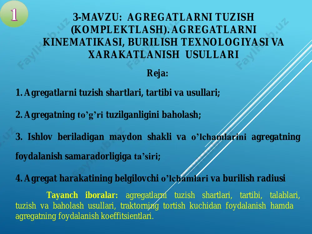hloq xo’jaligi mashinasi traktorga tirkaladi yoki o’rnatiladi, so’ngra texnologik sozlanadi (agrotexnika talablariga muvofiq ishchi qismlar o’rnatiladi va rostlanadi) hamda yo’naltiruvchi qurilmalar o’rnatiladi. tuzilgan mashina-traktor agregati maxsus maydochada yoki dala sharoitida ishlatib ko’riladi hamda uning ko’rsatgichlari baholanadi. to’g’ri tuzilgan agregat quyidagilarni ta’minlashi kerak: - texnologik ishlarning agrotexnika talablariga muvofiq yuqori sifatda bajarilishini; - aniq ish sharoitlariga, ya‘ni ishlov beriladigan maydonning kattaligiga, ishlov beriladigan materiallarning holatiga mos kelishini; - dvigatel quvvatidan to’liq foydalanishni, qabul qilingan uzatmada traktorning tortish kuchidan yo’l qo’yilgan chegaralarda foydalanishni; - ishlov beriladigan maydon va yig’ishtirib olingan mahsulot birligiga eng kam mehnat, energiya va yoqilg’i sarflanishini; - chaqqonlik (manevr) xususiyatlarini va xizmat ko’rsatish qulayligini; - agregatda ishlaydigan mexanizator va yordamchi ishchilarga oid mehnat muhofazasi va texnika havfsizligi talablariga javob berishini ta‘minlash kerak. agregatlarni tuzish shartlari va tartibi agregatlar tuzish usullari agregatlar tuzishning ikki turi – sinash va hisoblash turlari mavjud. birinchi turi bo’yicha agregatlar traktor va mashinalarni ishlab chiqargan …