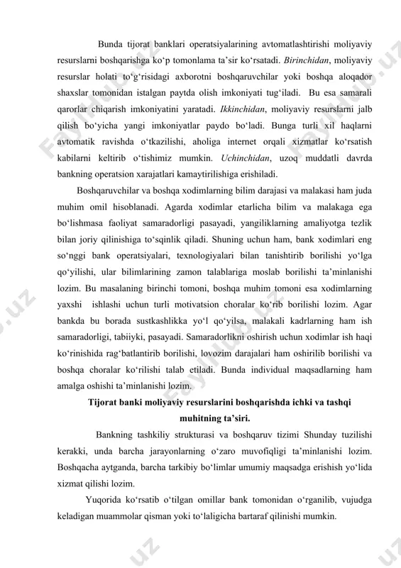 dga keladigan muammolar qisman yoki to‘laligicha bartaraf qilinishi mumkin. bank faoliyati davomida kuzatiladigan tashqi omillarning hamda yuzaga keladigan tashqi muhitning bankka ta’sirini to‘laligicha bartaraf qilinishi juda qiyin masala, chunki bu omillar bankning boshqaruv imkoniyatidan tashqaridadir. bu kabi tashqi muhitning bank faoliyatiga ta’siri, faqatgina, kamaytirilishi mumkin xolos. misol uchun, banklarda inflyasiya darajasi va foiz stavkasidagi o‘zgarishlarning ta’sirini kamaytirish uchun turli derevativ qurollar hamda aktiv/passivlarni boshqarish texnologiyalaridan foydalaniladi. bank faoliyatini rejalashtirishda, ichki va tashqi muhit hamda bankning ularni salbiy ta’sirini kamaytirishdagi imkoniyatlari o‘rganilgach, bankning maqsadlari aniq qilib belgilab olinishi lozim. keyingi bosqichda esa qo‘yilgan maqsadlar miqdorlarda ifodalanishi kerak. bu jarayonda bank boshqaruvining barcha darajalari qatnashishi, ularning muammolari etiborga olinishi lozim. bu orqali asosli maqsadlar o‘rnatilishi, uning barchaga birdek tushunarli bo‘lishi hamda turli bo‘limlar faoliyatidagi muvofiqlik ta’minlanadi. keyingi bosqichda esa faoliyatni o‘zida batafsil ifoda etuvchi biznes rejalarning tuzilishi bank operatsiyalari ustidan ichki nazorat olib borish imkoniyatini yaratadi. bundan farqli o‘laroq, strategik rejalashtirishda uzoq …