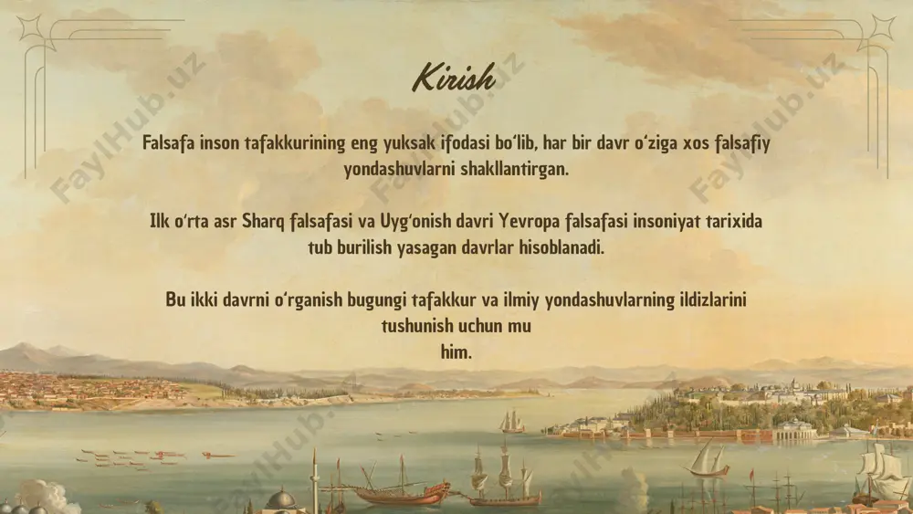 qali haqiqatga yetishish. antik madaniyatga e’tibor va estetik go‘zallikni qadrlash. sharq va uygʻonish falsafasining oʻxshash va farqli jihatlari o‘xshashliklar: ilm-fan, axloq va estetikaga yuksak e’tibor. aql-idrok orqali haqiqat izlan adi. farqlar: | yo‘nalish | sharq falsafasi | uygʻonish falsafasi | |-- ---------|------------------|------------- ---------| | din bilan munosabat | ilm-din uyg‘unligi | ilm-din tafovuti | | asosiy qadriyat | komillik, axloq | erkinlik, ijod | | metod | nazariy | tajribaviy | hozirgi zamon bilan bogʻliqligi zamonaviy ilm -fan ildizlari bu davrlarga borib taqaladi. sharq falsafasidagi axloqiy ideallar hozirgi bioetika, sun’iy intellekt va ijtimoiy mas’uliyat sohalarida dolzarb. uygʻonish davridagi erkin tafakkur va ijod bugungi texnologik innovatsiyalarning asosi hisoblanadi. xulosa ilk oʻrta asr sharq falsafasi va uygʻonish davri falsafasi – inson tafakkurining eng yuksak bosqichlaridan. ularning o‘zaro ta’siri va tarixiy merosi hozirgi davr uchun ham dolzarb. har ikki davrning o‘rganilishi bugungi shaxsiy, ilmiy va ijtimoiy taraqqiyotda muhim o‘rin tutadi.