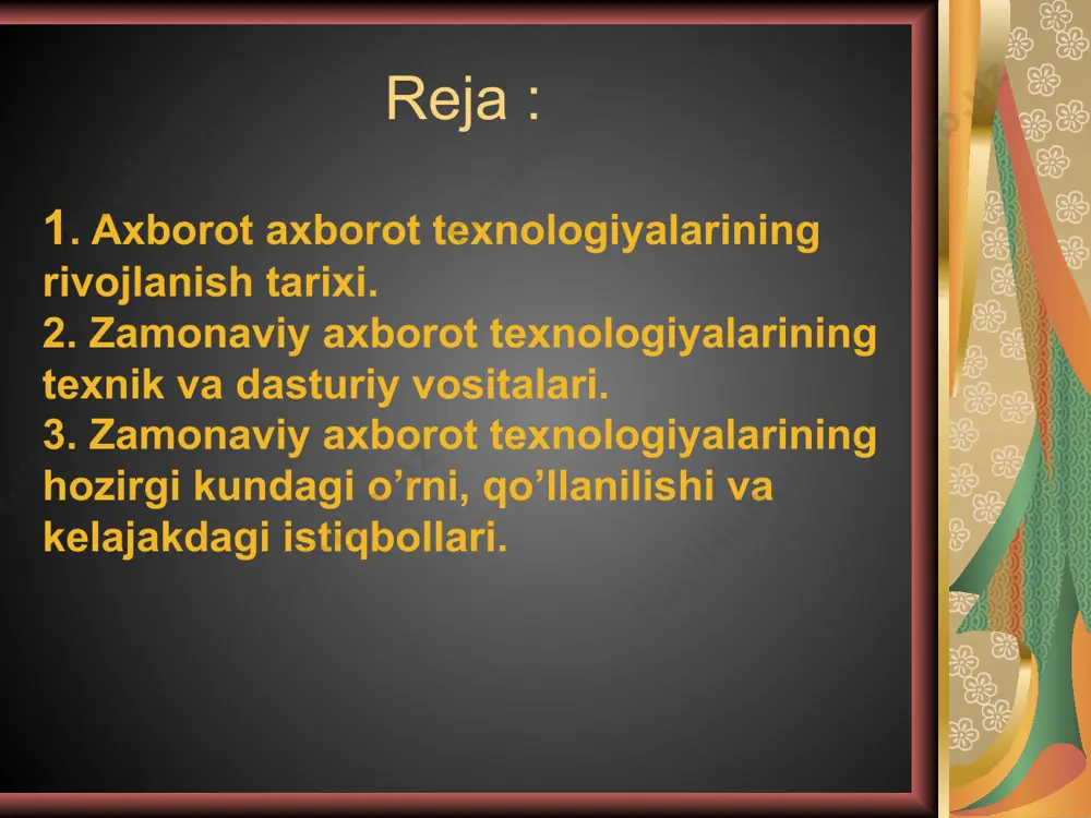 di. ya'ni texnologiya - biror vazifani bajarishda uning turli xil usullari ko'rinishini bildiradi. axborot texnologiyalari axborotlarni yig'ish, saqlash, uzatish, qayta ishlash usul vа vositalari majmuidir . axborot texnologiyasining vujudga kelishi vа rivojlanishini belgilovchi ichki vа tashqi omillar mavjud bo'lib, ularni quyidagicha tavsif1ash mumkin: ichki omillar - bu axborotlarning paydo bo'lishi (yaratilishi), turlari, xossalari, axborotlar bilan turli amallarni bajarish, ularni jamlash, uzatish, saqlash vа h.k. tashqi omillar - bu axborot texnologiyasining texnik - uskunaviy vositalar - orqali axborotlar bilan turli vazifalarni аmalga oshirishni bildiradi. axborot texnologiyasining mazmunini quyidagi oddiy bir misol bilan tushuntirishga harakat qilamiz. siz biror ma'lumot haqida boshqa bir viloyat (respublika, qit'a)da yashovchi o'rtog'ingiz bilan fikr almashmoqchisiz, dey1ik. buni turli yo'llar orqali аmalga oshirishingiz mumkin. siz o'rtog'ingizga o'z fikringizni (o'z navbatida, o'rtog'ingiz ham sizga javoban) quyidagi usullar orqali yetkazishingiz mumkin: 1) aloqa bo'limi orqali (yozma ravishda); 2) telefon tarmoqlari orqali (og'zaki); 3) zamonaviy telekommunikatsiya vositalari orqali. axborot tizimi va …