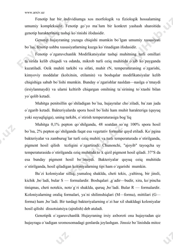 g tipi ham o`zgarishi mumkin. ba`zi koloniyalar silliq, yumaloq shaklda, cheti tekis, ,yaltiroq, bir jinsli, kichik ,bo`ladi, bular s — formalardir. boshqalari ,g`adir—budir, xira, ko`pincha tiniqmas, cheti notekis, noto`g`ri shaklda, quruq ,bo`ladi. bular r — formalardir. koloniyalarning oraliq formalari, ya`ni shilimshiqlari (m—forma), mittilari (g—forma) ham ,bo`ladi. bir turdagi bakteriyalarning o`zi har xil shakldagi koloniyalar hosil qilishi dissotsiatsiya (ajralish) deb ataladi. genotipik o`zgaruvchanlik hujayraning irsiy axboroti ona hujayradan qiz hujayraga o`tadigan xromosomadagi genlarda joylashgan. jinssiz bo`linishda mitoz jarayonida genlar ikkita hujayra o`rtasida teng taqsimlanadi. qiz hujayralar dastlabki (o`zidan oldingi) hujayraning to`liqgenlar to`plamini (naborini) oladi va bir xil,bo`ladi. genotipik o`zgaruvchanlik mutatsiyalar va genotip rekombinatsiyalar (kon`yugatsiya, transformatsiya, transduktsiya) natijasida vujudga kelishi mumkin. mutatsiyalar. turli omillar ta`sirida dnk molekulasining o`zgarishi undagi axborotning ham o`zgarishiga olib keladi. shunday o`zgarishlar natijasida mutatsiyalar paydo, bo`ladi. mutatsiyalar spontan va induktsiyalangan bo`lishi mumkin. spontan mutatsiyalarda kelib chiqish sabablarini aniqlab bo`lmaydi. induktsiyalangan mutatsiyalarda esa ularning sabablarini bilish mumkin ,bo`ladi. mutatsiyalarni …