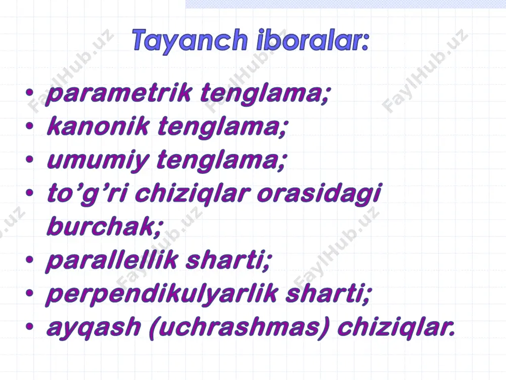 ni 1 1 1 1 2 2 2 2 0 0 a x b y c z d a x b y c z d          4 sistema bilan ifodalash mumkin. (4) tenglama to’g’ri chiziqning fazodagi umumiy tenglamasi deyiladi. • to’g’ri chiziqning yo’naltiruvchi vektorini 𝒔 = 𝒏1 𝒏2 formula bilan topiladi, 𝒏1(a1; b1; c1), 𝒏1(a1; b1; c1) – tekisliklarning normal vektorlari. to’g’ri chiziqning (4) ko’rinishdagi umumiy tenglamasini kanonik ko’rinishga keltirish uchun: • (4) tenglamaning biror yechimi, ya'ni to’g’ri chiziqning biror nuqtasi topiladi (buning uchun x , y yoki z o’zgaruvchilarning biriga ixtiyoriy son qiymat berib, ikki noma‘lumli sistema yechiladi); misol. 2 3 1 0 5 4 7 0 x y z x y z          to’g’ri chiziqning kanonik tenglamasi quyidagicha topiladi: 3 1 3 1 3 1 2 4 7 0 12 4 7 …