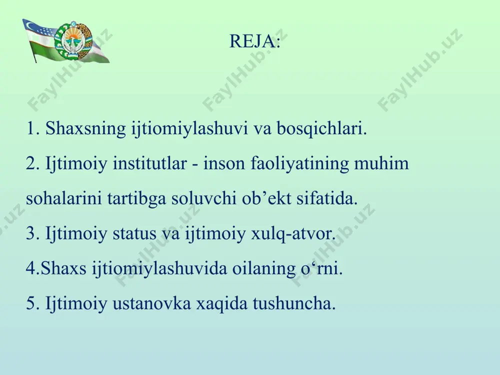harakati va muomalasida namoyon qilishi, insoniyat jamiyatining ijtimoiy tajribasini o’zlashtirish asosida jamiyat a’zolariga o‘z ta’sirini o‘tkaza olishi jarayonidir. ijtimoiylashuv eng avvalo odamlar o‘rtasidagi muloqot va hamkorlikda turli faoliyatni amalga oshirish jarayonidir. insonning ijtimoiylashuvi jarayoni inson butun hayoti davomida davom etadi * shaxsni ijtimoiylashtirish jarayoni uning rivojlanishida uchta asosiy bosqichdan o‘tadi va insonning butun hayoti davomida davom etadi birinchi bosqich - ijtimoiy qadriyatlar, ijtimoiy me’yorlarni, jamiyat guruhlarining ustanovkalarini faol o‘zlashtirish natijada inson butun jamiyatga moslashishni o‘rganadi ikkinchi bosqich - o‘z-o‘zini anglashga va jamiyatning boshqa a’zolariga ta’sir ko‘rsatishga intilish, uchinchi bosqich - ijtimoiy guruhga integratsiya qilish, (uyg’unlashib ketishi) jarayoni juda murakkab va juda uzoq davomlidir, chunki u ijtimoiy guruh qadriyatlari va normalarini va muayyan rollarni o‘z ichiga oladi, har bir inson guruhda o‘z xususiyatlarini va imkoniyatlarini ochib beradi. bolalik-ijtimoiylashuv tug‘lishdan, rivojlanishning dastlabki bosqichi, inson shaxsining shakllanishini deyarli 70% ga teng bo’lib, ijtimoiylashuvning boshlanishi belgilanadi. o‘smirlik- bosqichida fiziologik o‘zgarishlarning ro’y berishi, jinsiy rivojlanish …