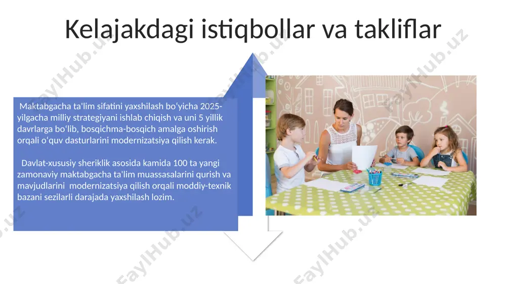 sasalarining 70% dan ortig'i bolalarning individual ehtiyojlarini qondirish uchun differensial yondashuvni qo'llamasligi, rivojlanishdagi orqada qolish holatlarining ko'payishiga olib kelishi mumkin. maktabgacha ta'lim muassasalarini samarali boshqarish uchun kamida 30% byudjetni pedagogik xodimlarni malakasini oshirish va zamonaviy o'quv resurslarini sotib olishga yo'naltirish tavsiya etiladi. maktabgacha ta'limning davlat standartlari va me'yorlari maktabgacha ta'limning sifat ko'rsatkichlarini baholash uchun kamida 30 ta mezonlar mavjud bo'lib, bu mezonlar bolalarning rivojlanish darajasi, ta'lim muassasalarining sharoiti va ta'lim jarayonining samaradorligini o'z ichiga oladi. maktabgacha ta'limning davlat standartlari bolalarni 5-6 yoshga to'lganida maktabga tayyorlash uchun minimal bilim va ko'nikmalarini belgilaydi, shuningdek, 12 ta ta'lim sohasini o'z ichiga oladi. maktabgacha ta'lim muassasalarining moddiy-texnik bazasi maktabgacha ta'lim muassasalarining 70%ida zamonaviy o'quv jihozlari, jumladan, interfaol doskalar va kompyuterlar mavjudligi ta'lim sifatini oshirishga yordam beradi. kichik yoshdagi bolalar uchun mo'ljallangan o'yin maydonchalarining 80%ida xavfsizlik talablariga javob beradigan, yumshoq yuzalar va himoya to'siqlari mavjudligi muhim ahamiyat kasb etadi. o'quv dasturlari va o'quv jarayonining mazmuni …