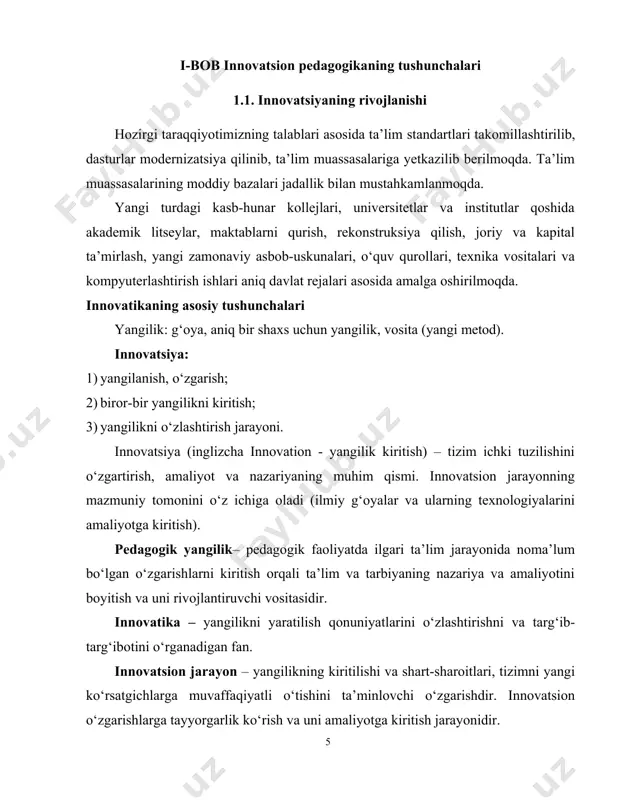 , “innovatsiya” hamda ularning mohiyatini ifodalovchi faoliyat to‘g‘risida so‘z yuritiladi. agar faoliyat qisqa muddatli, yaxlit tizim xususiyatiga ega bo‘lib, faqatgina tizimdagi ayrim elementlarni o‘zgartirishga xizmat qilsa u novatsiya (yangilanish) deb yuritiladi. bordi-yu, faoliyat ma’lum konseptual yondashuv asosida amalga oshirilib, uning natijasi muayyan tizimning rivojlanishiga yoki uni tubdan o‘zgartirishga xizmat qilsa, u innovatsiya (yangilik kiritish) deb ataladi. ilmiy adabiyotlarda “novatsiya” (yangilanish, yangilik) hamda “innovatsiya” (yangilik kiritish) tushunchalarining bir-biridan farqlanishiga alohida e’tibor qaratiladi. misol uchun, v.i. zagvyazinskiyning e’tirof etishicha, “yangi”, “yangilik” tushunchasi nafaqat muayyan g‘oyani, balki hali amaliyotda foydalanilmagan yondashuv, metod hamda texnologiyalarni ifodalaydi. ammo bunda jarayon elementlari yaxlit yoki alohida olingan elementlaran iborat bo‘lib, o‘zgarib turuvchi sharoit va vaziyatda ta’lim va tarbiya vazifalarini samarali hal etish g‘oyalarini o‘zida aks ettiradi. darhaqiqat, yangilik – vosita sanalib, u aksariyat holatlarda yangi metod, metodika, texnologiya va b. ko‘rinishida namoyon bo‘ladi. mohiyatiga ko‘ra novatsiya va innovatsiya o‘rtasida muayyan farqlar mavjud. zamonaviy ta’limga xos muhim jihatlardan …