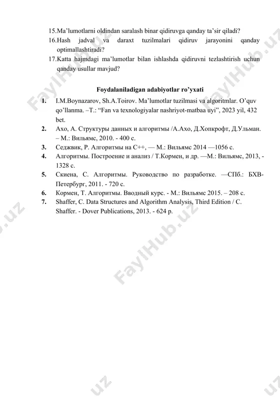 qidirish usullari, algoritmlari va ularning samaradorligi. qidiruv tushunchasi va uning vazifasi. chiziqli qidiruv. binar qidiruv. qidirish usullari samaradorligi va optimallashtirish. chiziqli qidiruv tushunchasi chiziqli qidiruv – eng oddiy qidiruv algoritmlaridan biri bo‘lib, berilgan elementni ro‘yxat yoki massiv ichida topish uchun har bir elementni boshidan oxirigacha ketma-ket tekshirish orqali ishlaydi. ishlash prinsipi 1. birinchi elementdan boshlab qidirilayotgan qiymat bilan solishtiriladi. 2. agar mos keladigan qiymat topilsa, uning indeksi qaytariladi. 3. agar hech qanday mos element topilmasa, qidiruv muvaffaqiyatsiz tugaydi (odatda -1 yoki “topilmadi” natijasi qaytariladi). algoritmning ishlash muddati (vaqt murakkabligi) eng yomon holat (worst-case): ??(??) – agar kerakli element oxirgi joylashgan yoki umuman mavjud bo‘lmasa, butun ro‘yxat bo‘ylab qidirish kerak bo‘ladi. o‘rtacha holat (average-case): ??(??) – o‘rtacha holda, qidirilayotgan element massivning yarmida joylashgan bo‘lishi mumkin. eng yaxshi holat (best-case): ??(1) – agar kerakli element birinchi o‘rinda bo‘lsa, darhol topiladi. chiziqli qidiruvning afzalliklari va kamchiliklari afzalliklari: oddiy va oson tushuniladi. har qanday …
