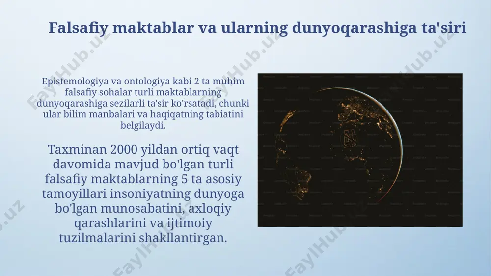 ʻziga va olamga boʻlgan munosabatining 20% genetika, 80% esa tashqi muhit va ijtimoiy omillar bilan belgilanadi, bu esa individual dunyoqarashning xilma-xilligini tushuntiradi. insonning oʻziga boʻlgan munosabati uning 3 ta asosiy ontologik pozitsiyasidan — ekzistensializm, nihilizm va gumanizm — biriga mos kelishi mumkin, bu uning dunyoqarashiga sezilarli ta'sir ko'rsatadi. bilimlar nazariyasi va uning dunyoqarashga ta'siri falsafiy bilimlar nazariyasi, 3 ta asosiy epistemologik yo'nalish – ratsionalizm, empirizm va pozitivizm kabi 17-asr g'oyalariga asoslanib, dunyoqarashni shakllantirishga sezilarli ta'sir ko'rsatadi. ilmiy bilimlar nazariyasining 20-asrga oid postpozitivizm va poststrukturalizm kabi oqimlari, ob'ektiv haqiqatning nisbiyligini ta'kidlab, sub'ektiv dunyoqarashning rivojlanishiga turtki bo'ldi. zamonaviy dunyoda dunyoqarashning o'rni dunyoqarash insonning shaxsiy qarorlarini qabul qilishda, ya'ni 30% dan ortiq muhim hayot tanlovlarida hal qiluvchi rol o'ynaydi va ma'naviy qadriyatlarni shakllantirishga ta'sir etadi. zamonaviy dunyoda 7 milliarddan ortiq insonning turli-tuman dunyoqarashi mavjud bo'lib, ularning har biri ijtimoiy, siyosiy va iqtisodiy jarayonlarga ta'sir ko'rsatadi. e'tiboringiz uchun rahmat @taqdimot_robot image4.png image5.jpg image6.jpg image7.jpg …
