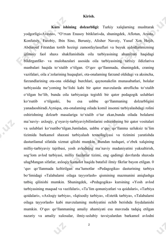 ‘llanma uzluksiz ta’lim tizimida barkamol shaxsni tarbiyalash texnologiyasi va tizimini yaratishda dasturilamal sifatida xizmat qilishi mumkin. bundan tushqari, o‘zbek xalqining milliy-tarbiyaviy tajribasi, yosh avlodning ma’naviy madaniyatini yuksaltirish, sog‘lom avlod tarbiyasi, milliy fazilatlar tizimi, eng qadimgi davrlarda shaxsda ulugmangan sifatlar, axloqiy kamolot haqida batafsil ilmiy fikrlar bayon etilgan. 0 ‘quv qo‘llanmada keltirilgan ma’lumotlar «pedagogika» dasturining tarbiya bo‘limidagi «talabalarni oilaga tayyorlash» qismining mazmunini aniqlashga tatbiq qilinishi mumkin. shuningdek, «pedagogika» kursining «yosh avlod tarbiyasining maqsad va vazifalari», «ta’lim qonuniyatlari va qoidalari», «tarbiya qoidalari», «axloqiy tarbiya», «iqtisodiy tarbiya», «estetik tarbiya», «talabalarni oilaga tayyorlash» kabi mavzulaming mohiyatini ochib berishda foydalanishi mumkin. o‘quv qo‘llanmaning amaliy ahamiyati esa mavzuda tadqiq etilgan nazariy va amaliy xulosalar, ilmiy-uslubiy tavsiyalardan barkamol avlodni tarbiyalab voyaga yetkazish, komil inson muammosi bo‘yicha darsliklar, dastur, rejalar tayyorlashda keng foydalanish imkoniyati mavjudligi bilan belgilanadi. tadqiqot natijalaridan respublikamizda olib borilayotgan demokratik siyosatga oid masalalami ilmiy o‘rganishda, jamiyatimiz yangilanishiga kuchli ta’sir etayotgan ma’naviyma’rifiy islohotlarni yanada rivojlantirishda, madaniymafkuraviy …