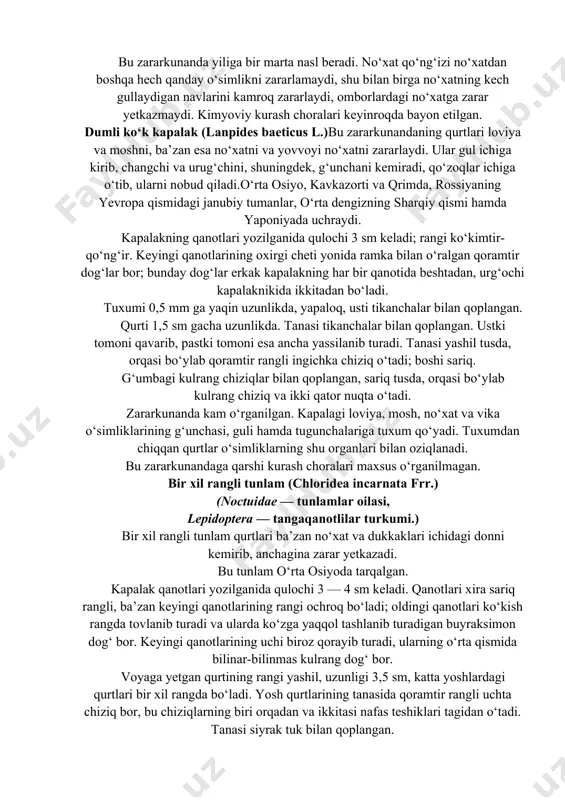 va moshni, ba’zan esa no‘xatni va yovvoyi no‘xatni zararlaydi. ular gul ichiga kirib, changchi va urug‘chini, shuningdek, g‘unchani kemiradi, qo‘zoqlar ichiga o‘tib, ularni nobud qiladi.o‘rta osiyo, kavkazorti va qrimda, rossiyaning yevropa qismidagi janubiy tumanlar, o‘rta dengizning sharqiy qismi hamda yaponiyada uchraydi. kapalakning qanotlari yozilganida qulochi 3 sm keladi; rangi ko‘kimtir-qo‘ng‘ir. keyingi qanotlarining oxirgi cheti yonida ramka bilan o‘ralgan qoramtir dog‘lar bor; bunday dog‘lar erkak kapalakning har bir qanotida beshtadan, urg‘ochi kapalaknikida ikkitadan bo‘ladi. tuxumi 0,5 mm ga yaqin uzunlikda, yapaloq, usti tikanchalar bilan qoplangan. qurti 1,5 sm gacha uzunlikda. tanasi tikanchalar bilan qoplangan. ustki tomoni qavarib, pastki tomoni esa ancha yassilanib turadi. tanasi yashil tusda, orqasi bo‘ylab qoramtir rangli ingichka chiziq o‘tadi; boshi sariq. g‘umbagi kulrang chiziqlar bilan qoplangan, sariq tusda, orqasi bo‘ylab kulrang chiziq va ikki qator nuqta o‘tadi. zararkunanda kam o‘rganilgan. kapalagi loviya, mosh, no‘xat va vika o‘simliklarining g‘unchasi, guli hamda tugunchalariga tuxum qo‘yadi. tuxumdan chiqqan qurtlar o‘simliklarning …