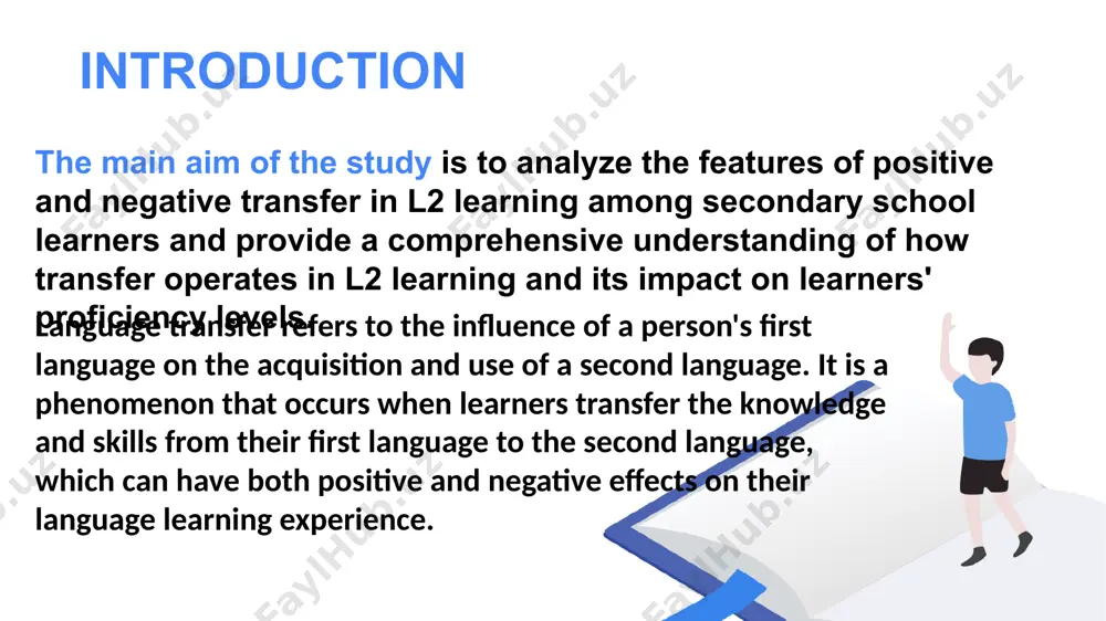 n simple sentences examples of positive transfer between english and uzbek one example of negative transfer between english and uzbek is in the use of articles. in english, "the" is used for specific nouns, whereas "a" or "an" is used for non-specific nouns. however, uzbek does not have articles, so uzbek learners of english may struggle to use them correctly, leading to errors such as omitting articles or using them incorrectly. 2.1 how positive and negative transfer affects the ability to learn l2 in secondary school learners the effects of transfer can be seen at different levels of language, including vocabulary, grammar, pronunciation, and discourse. at the level of vocabulary, the influence of the first language can lead to overgeneralization or underuse of words, depending on how similar the word is in the two languages. at the level of grammar, transfer can affect sentence structure and word order, resulting in …