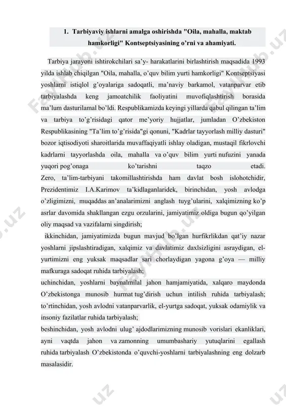 yilgan oliy maqsad va vazifalarni singdirish; ikkinchidan, jamiyatimizda bugun mavjud bo’lgan hurfikrlikdan qat’iy nazar yoshlarni jipslashtiradigan, xalqimiz va davlatimiz daxlsizligini asraydigan, el-yurtimizni eng yuksak maqsadlar sari chorlaydigan yagona g’oya — milliy mafkuraga sadoqat ruhida tarbiyalash; uchinchidan, yoshlarni baynalmilal jahon hamjamiyatida, xalqaro maydonda o’zbekistonga munosib hurmat tug’dirish uchun intilish ruhida tarbiyalash; to’rtinchidan, yosh avlodni vatanparvarlik, el-yurtga sadoqat, yuksak odamiylik va insoniy fazilatlar ruhida tarbiyalash; beshinchidan, yosh avlodni ulug’ ajdodlarimizning munosib vorislari ekanliklari, ayni vaqtda jahon va zamonning umumbashariy yutuqlarini egallash ruhida tarbiyalash o’zbekistonda o’quvchi-yoshlarni tarbiyalashning eng dolzarb masalasidir. davlatimiz rahbari ko’rsatib berganidek, ta’lim-tarbiya sohasidagi islohotlar: birinchidan, ijtimoiy-siyosiy iqlimga ijobiy ta’sir ko’rsatishga, umuman mamlakatdagi mavjud muhitni butunlay o’zgartirishga; ikkinchidan, insonning hayotda o’z o’rnini topishini tezlashtirishga; uchinchidan, jamiyatda mustaqil fikrlovchi erkin shaxsni shakllantirishda; to’rtinchidan, insondagi mavjud salohiyatni to’la ro’yobga chiqarishga; beshinchidan, umumiy va maxsus bilimlarga ega, ongli, tafakkuri ozod, zamonaviy dunyoqarash, milliy va umuminsoniy qadriyatlarga voris bo’lgan, kuchli fuqarolik jamiyatini barpo etadigan komil …