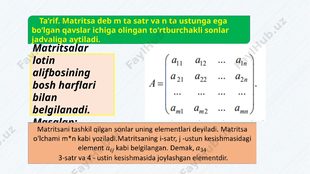eyiladi. matritsa 4-tartibli kvadrat matritsadir. n -tartibli determinant det(a), | a| yoki kabi belgilanadi oʻrinlashtirish va oʻrin almashtirishlarning xossalariga asosan, bu ta’rifdan 1) n -tartibli determinant n! ta hadning yig‘indisidan iborat; 2) bu yig‘indining har bir hadi matritsaning turli satrlari va turli ustunlarida joylashgan n ta elementi koʻpaytmasidan iborat; 3) yuqorida aytilgan koʻpaytmalarning yarmi ( n!/ 2 tasi) oʻz ishorasi bilan, qolgan yarmi qarama-qarshi ishora bilan olingan. image10.png image1.png image2.png image3.png image4.png image5.png image6.png image7.png image8.png image9.jpg image11.png image12.png image13.jpg image14.png image15.jpg