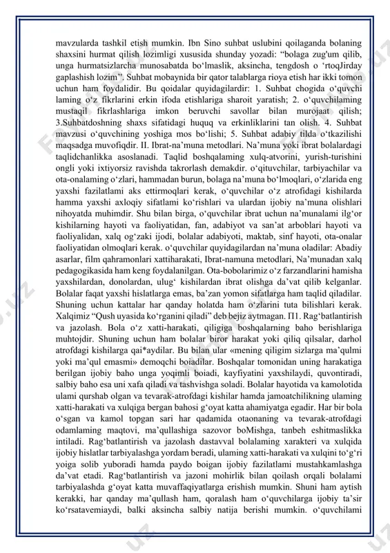 xshi fazilatlami egallashda ularga yo‘l-yo‘riq ko‘rsatmoq demakdir. o‘qituvchilar ham, tarbiyachilar ham, ota-onalar ham hamma vaqt bu metodni qoilaydilar. o‘git-nasihat o‘quvchilarga yakka holda va guruh-guruh qilib berilishi mumkin. maslahat berish. maslahat - biror hodisa ro‘y berganida, ishda, xatti-harakatda, xulq-atvorda qanday qilsa yaxshi bo‘lishi haqida fikr berish demakdir. har bir kishi, ayniqsa bolalar bir ishni boshlashdan awal bu ish haqida kattalaming, ayniqsa o‘qituvchining fikrini bilishni istaydi. yoki biror ishda, harakatda qiyinchilik tutilib qolsa, shu qiyinchilikni yengish yoiini topish maqsadida o‘qituvchidan, kattalardan maslahat so‘raydi. bunday maslahat olish o‘quvchi hayotida tez-tez uchrab turadi. shuning uchun tarbiyachilar bolalardagi bu xususiyatdan tarbiya maqsadida mohirlik bilan foydalanishiari kerak. shuni ham aytish kerakki, bolalaming hammasi ham biror ish qilganda yoki biror ishni boshlashdan oldin hamma vaqt ham maslahat olishga jur’at etmaydi. bunday vaqtlarda o‘qituvchi yoki tarbiyachi bolalami maslahat olishga rag‘batiantirmog‘i kerak. maslahatni ham o‘quvchilaming mustaqil bo‘lishlariga yordam beradigan qilib berish kerak. iltimos va istak. iltimos, o‘tinch, so‘rov bilan …