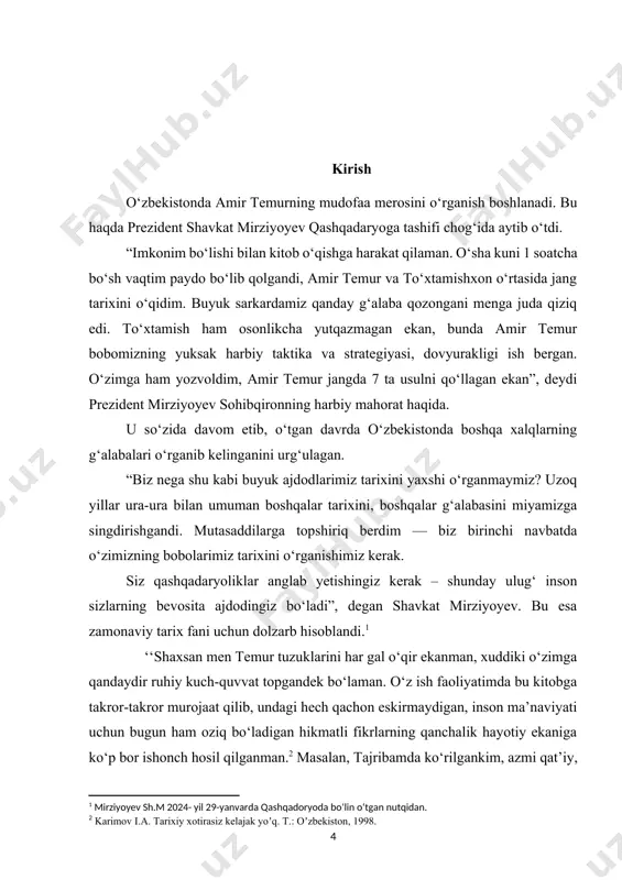 tun madaniy ma’naviy hayotda bo‘lganidek, milliy qadriyatlarimiz tarixi ham sohtalashtirildi. jumladan, turkiston xalqlarining ijtimoiy-iqtisodiy, madaniy, ma’naviy hayotida muhim o‘rin utgan vatandoshimiz, yirik davlat arbobi sarkarda, ulug‘ intellekt sohibi amir temur avlodlarga o‘z javobini aytib qo‘yganlar. shunday ekan, miliy qadriyatlarimiz tarixini puxta bilish ajdodlarimiz ruhipoklarini xotirlash ularning qoldirgan madaniy, manaviy meroslari to‘g‘risida haqiqatni aytish biz avlodlar, millat farzandlari uchun farzdir. tarixiy xotiraga ega inson – irodali insondir. chunki, tarix xalq ma’naviyatining asosidir. ulug‘ ma’naiyatli insondir har doim shaxsiy ehtiyojlarini cheklab o‘tib, umumxaql manfaatlarini ko‘zlab yirik davlat jamiyat ahamiyatiga molik tadbirlarni amalgam oshirishga qodir bo‘ladilar. sohibqiron amir temur ana shunday sharqona, islomiy aql-zakovatli, ulug‘ manaviyatli inson bo‘lgan. amir temur manaviy salohiyati mustaqil turkistonni odora qilib, uning ichki va tashqi siyosatini belgilash movaraunnahrning qadimiy, iqtisodiy, madaniy shuhratini qayta tiklash ishlarida yanada kamol topdi va ijtimoiy hayotda to‘laligicha namoyon bo‘ldi. ana shuning uchun mamlakat ijtimoy hayotining barcha tomonlari: davlat idora tizimi, iqtisodiy, moliyaviy, dehqonchilik, …