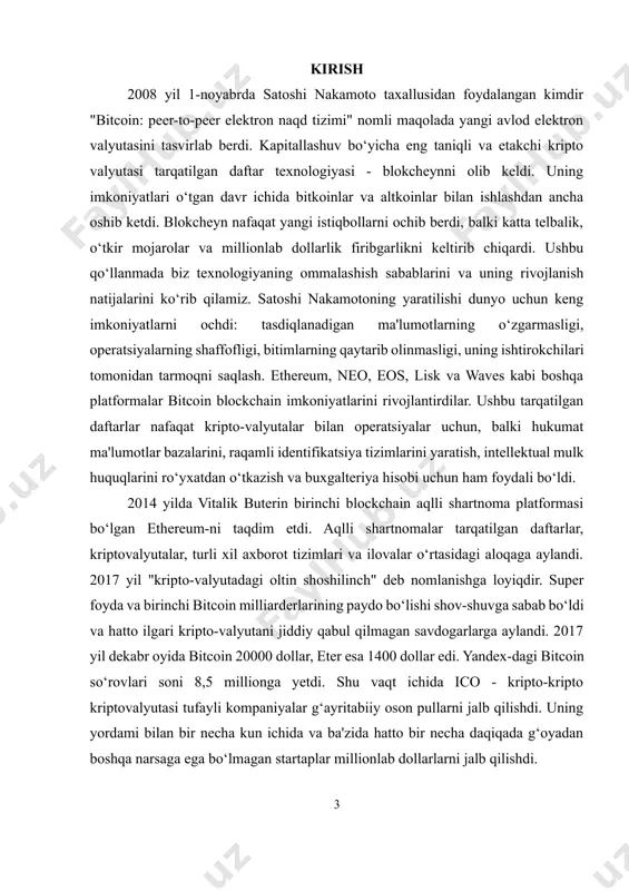 lashtirdi va uning talablarini buzgan startap asoschilariga jinoiy javobgarlik bilan tahdid qildi. 2018 yil mart oyida satis group mchj konsalting kompaniyasi tadqiqot o‘tkazdi, unga ko‘ra ico loyihalarining 81 foizida firibgarlik alomatlari bo‘lgan, 6 foizi muvaffaqiyatsiz tugagan, 5 foizi o‘z faoliyatini to‘xtatgan. ico-ni muvaffaqiyatli yakunlagan va investorlar oldidagi majburiyatlarini bajarishga harakat qilgan kompaniyalar pul hamma narsa emasligini angladilar. ma'lum bo‘lishicha, sarmoyalangan millionlab dollarlar mahsulotning muvaffaqiyati va foydasini umuman kafolatlamaydi. nxt, ethereum, lisk, waves, eos va tezos kabi platformalarning paydo bo‘lishi nafaqat ico shov-shuvini kuchaytirdi. ular dunyoga blockchain buxgalteriya hisobi uchun daftar va aqlli shartnomalar yaratish muhiti taqdim etishini isbotladilar. shuning uchun bizning kitobimiz nafaqat sodir bo‘layotgan voqealarni tahlil qilish va tarixni chuqurlashtirishdan iborat. texnika taraqqiyoti tezlashmoqda va endi yangi ixtirolar va echimlar 50 yil oldin ham tasavvur qilib bo‘lmaydigan darajada rivojlanmoqda. ushbu jarayonda eng muhim rolni internet va xalqaro aloqa kanallarining rivojlanishi natijasida amalga oshirilgan axborot almashinuvining tezlashishi o‘ynaydi. so‘nggi o‘n …