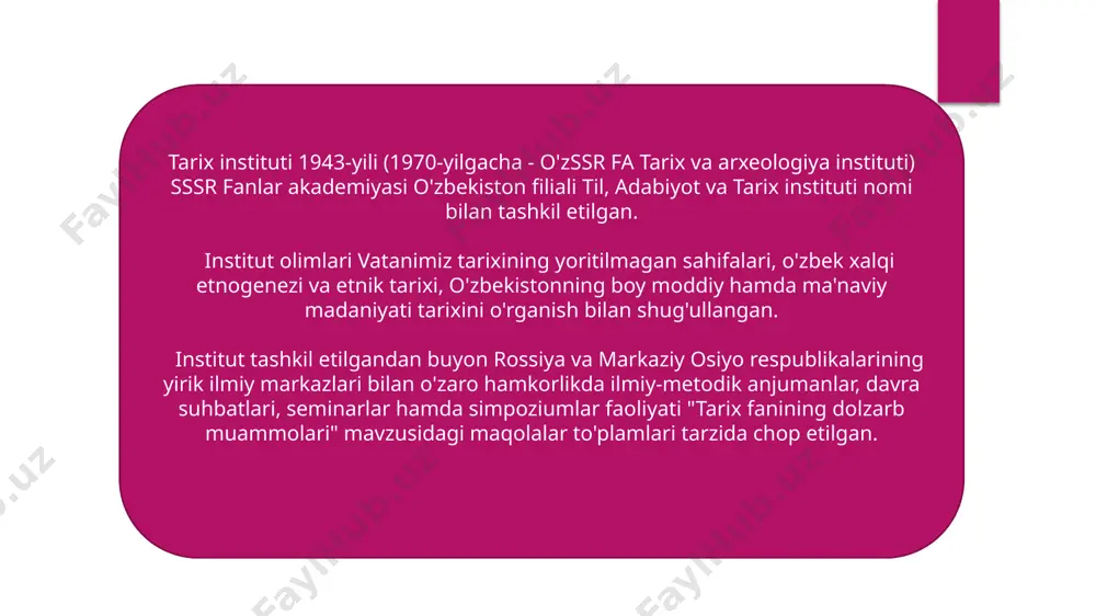 iy- nashriyot bo'limi. samarqand.: 2021. 2. madraimov a., fuzailova u. tarixiy manbashunoslik. o'quv qo'llanma. - t.: fan, 2010. 3. ahmedov b. o'zbekiston tarixi manbalari (qadimgi zamon va o'rta asrlar). - t., 2001. so'nggi yillarda institutda etnologiya, qadimiy va o'rta asrlar tarixi, moddiy madaniyat tarixi, shuningdek, o'zbekistonning mustamlakachilik davri tarixi bo'yicha ko'plab ilmiy asarlar yaratildi. jadidchilik, o'zbekistonda sovet hokimiyatiga qarshi kurash tarixi va sho'ro hukumatining qatag'onchilik siyosati, o'zbekistonning ijtimoiy-iqtisodiy va siyosiy tarixi, o'zbek xalqining madaniyat sohasidagi yutuqlari yangicha ilmiy qarashlar asosida tadqiq etilmoqda. mustaqillikdan so'ng o'zbekistonning zamonaviy tarixini o'rganish bo'yicha birinchi amaliy ishlar bajarildi. umuman olganda, institutda 2011-2021-yillar ichida 80 dan ortiq monografiyalar nashr etildi. institut har yili quyidagi mutaxassisliklar bo'yicha doktorantura va tayanch doktoranturaga yosh mutaxassislarni qabul qiladi: image2.png image3.png image4.png image5.png image6.png image7.png image8.png image1.jpeg /docprops/thumbnail.jpeg
