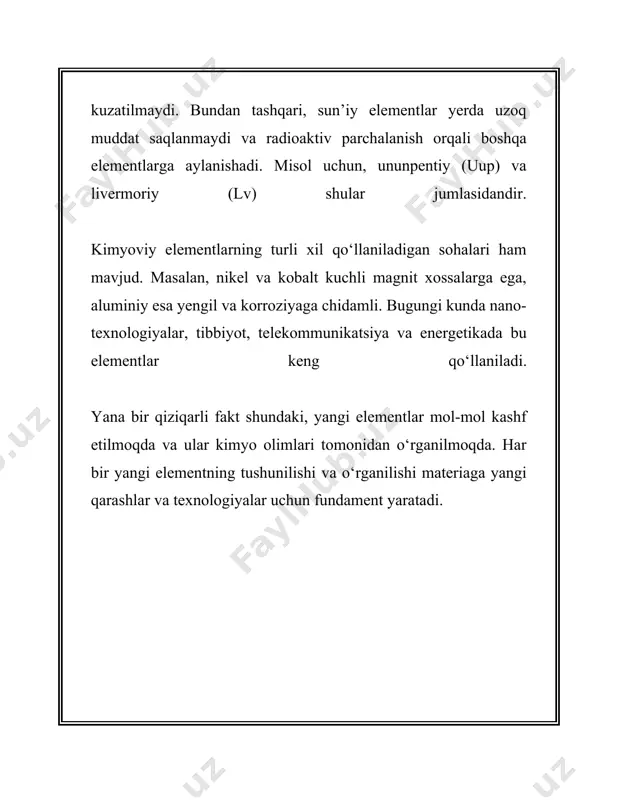 ali hosil bo'ladi va odatda metallmas elementlar orasida uchraydi. anorganik birikmalar muhim texnologik ahamiyatga ega. masalan, metall oksidlari metallurgiya jarayonlarida keng qo'llaniladi. temir (iii) oksid (fe2o3), mis oksid (cuo) kabi metall oksidlari turli metall mahsulotlarini ishlab chiqarishda asosiy manbalardan hisoblanadi. shu bilan birga, kalsiy oksid (cao), yoki odatda lime deb ataladigan modda, qurilish materiallari ishlab chiqarishda ishlatiladi. gazsimon anorganik birikmalarga kelsak, uglerod dioksid (co2), ammiak (nh3), va vodorod sulfid (h2s) kabi gazlar muhim rol o'ynaydi. uglerod dioksid atmosferada topiladi va o'simliklar tomonidan fotosintez jarayonida foydalaniladi. ammiak esa o'g'itlar sanoati uchun muhim xomashyo bo'lib, har yili millionlab tonna miqdorda ishlab chiqariladi. anorganik birikmalar suvda eriymanligi bilan ajralib turadi. masalan, natriy xlorid (nacl), yoki oddiy tuz, suvda eriydi va natriy (na+) va xlor (cl-) ionlariga bo'linadi. bu xususiyat ko'plab tuzlarning eritma holatida turli reaksiyalarda faol ishtirok etishiga imkon beradi. ba'zi anorganik moddalarning suvda erimaydigan qismi esa ularning o'ziga xos xossalaridan biri hisoblanadi. …