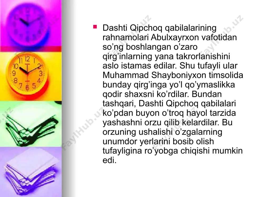olib, samarqandni siz xon hazratlariga topshirurmiz" mazmunidagi xatni yuborishga ko’ndiradilar. muhammad shayboniyxon o’zini bu shartlarga rozidek qilib ko’rsatdi. samarqand taxti egallangach esa sulton ali mirzo qatl etildi. onasi zuhrobegi og’a esa boshqa kishiga nikohlab berildi. shu tariqa, muhammad shayboniyxon 1501-yilda samarqandni uzil-kesil egalladi. katta qo’shinga ega bo’lgan muhammad shayboniyxon endi butun movarounnahrni egallashga kirishdi. 1503-yilda toshkent va shohruhiya shaharlarini egalladi. ularga ulug’bek mirzoning abulxayrxonga uzatilgan qizi robiya sulton­begimning o’g’illari ko’chkunchi sulton va suyunchxo’jalarni hokim etib tayinladi. 1504-yilda esa farg’ona egallandi. shu tariqa butun movarounnahrda shayboniylar sulolasi hukmronligi o’rnatildi. samarqand shahri poytaxt etib belgilandi. buxoro shahrini esa ukasi mahmud sultonga topshirdi. muhammad shayboniyxon movarounnahrda mustahkamlanib olgach, endi xorazmni zabt etishga kirishdi. 1505-yilda urganch shahrini bosib oldi. 1507-yilda esa xurosonga yurish boshladi. so’nggi yillarda o’zaro ichki urushlar oqibatida, inqirozga yuz tutgan temuriylarning xuroson davlatini egallash qiyin bo’lmadi. avval hirot qo’shinlari tor-mor etildi. shahar beayov talandi. s shundan so’ng hirot o’zining iqtisodiy, siyosiy …