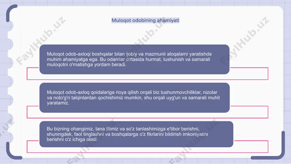 lumotlarni takrorlang. qo'ng'iroqni tugatayotganda qo'ng'iroq qiluvchiga vaqt ajratgani uchun minnatdorchilik bildiring va yakuniy xulosani aniq bayon qiling. to'satdan yoki qo'ng'iroq qiluvchining xayrlashuvini tan olmasdan go'shakni qo'yishdan saqlaning. video konferentsiya etiketi videokonferentsiyada ishtirok etayotganda, silliq va samarali muloqotni ta'minlash uchun to'g'ri muloqot odob-axloq qoidalariga rioya qilish muhimdir. birinchidan, uchrashuvga o'z vaqtida kelish va professional tarzda kiyinish juda muhimdir. bu boshqa ishtirokchilarga hurmatni ko'rsatadi va professional muhitni yaratishga yordam beradi. bundan tashqari, fon shovqinlari va chalg'itadigan narsalarga e'tibor berish muhimdir. konferentsiya uchun tinch joyni tanlang va gapirmayotganingizda mikrofonni o'chiring. ijtimoiy tarmoqlarda muloqot odobi ijtimoiy tarmoqlarning jadal o'sishi bilan muloqot odob-axloqining ahamiyatini tushunish juda muhimdir. ijtimoiy media platformalarida muloqot odobi samarali va hurmatli muloqotni ta'minlash uchun muayyan ko'rsatmalar va me'yorlarga rioya qilishni o'z ichiga oladi. ijtimoiy tarmoqlarda muloqot qilish odob-axloqining muhim jihatlaridan biri to'g'ri til va ohangdan foydalanishdir. muloyim, hurmatli bo'lish, haqoratomuz yoki noo'rin so'zlardan qochish kerak. bu ijobiy va professional onlayn mavjudligini …