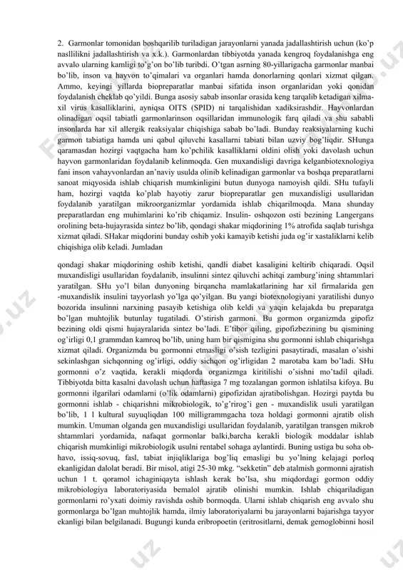 l sinflarga mansub kimyoviy birikmalarning vakillari -ancha oddiy asiklik birikmalardan birmuncha murakkab tarkibli polipeptidlar va aktinomisinlar tipidagi moddalardir. antibiotik moddalar kimyoviy tuzilishining xilma-xilligi tufayli biologik ta’sirning turli xil mexanizmiga ega, shunga asosan ularniquyidagi guruhlargabo’lish mumkin: modda almashinish jarayonida raqobatli ta’sirga ega bo’lgan antibiotiklar (puromeosin, dsikloserin, aktitiazoviya kislota). hujayra qobig’i sintezini to’xtatuvchi antibiotiklar (penisillinlar, basirosin, vankomisin, sefalosporinlar). membranalar funksiyasini buzuvchi antibiotiklar (polienlar, valinomisin, gramisidinlar, trixomisin va boshqalar). nuklein kislotalar sintezini (almashinuvini) to’xtatuvchi antibiotiklar: • rnk sintezini to’xtatuvchilar (anzomisinlar,grizlofulvin, kanamisin, neomisin, novobiosin, olivomisin va boshqalar); • dnk sintezini to’xtatuvchilar (aksinomisin d, aktinomisin s), bruneomisin, mitomisinlar, novobiosin, sarkomisin va boshqalar). azot asoslari purinlar va pirimidinlarni sintezini to’xtatuvchilar (azoserin, dekoinin, sarkomisin va boshqalar). 6.oqsilni sintezini to’xtatuvchiantibiotiklar (basirosin, aminoglikozidlar, metimisin, geterosiklinlar, xloromfenikol, makrolizlar va boshqalar). nafas olishni to’xtatuvchi antibiotiklar (oligomisinlar, potulin, piosianin va boshqalar). fosforlanishni to’xtatuvchi antibiotiklar (valinomisin, gramisidinlar, kolisinlar, oligomisinlar va boshqalar). antimetabolit xossaga ega bo’lgan antibiotiklar (aktinomisetlar va zamburug’larning ayrim turlari ishlab chiqaradigan …