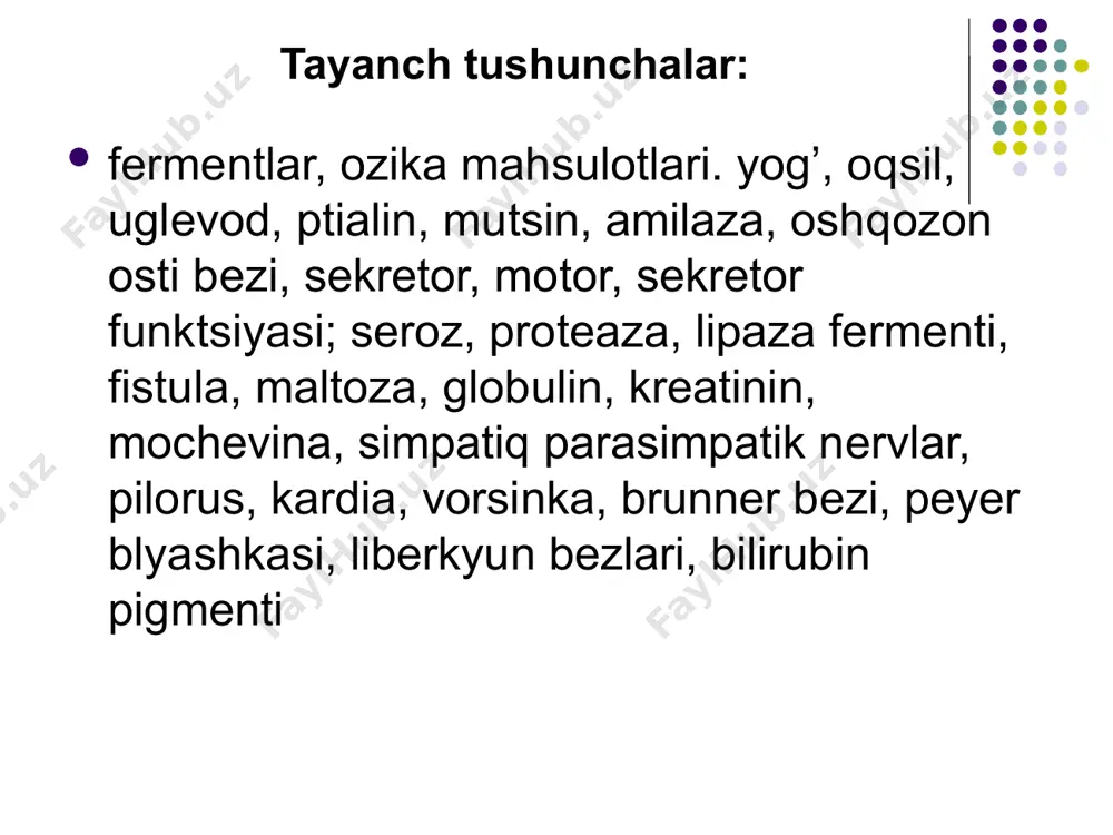 aoliyat ko'rsatuvchi amilaza va maltazalardir. amilaza polisaxaridlarni (kraxmal, glikogen) disaxarid maltozagacha parchalaydi. maltaza maltozani glyukozagacha parchalaydi. so‘lakning tarkibida oz miqdorda uchraydigan boshqa fermentlar ham bor: gidrolazalar, oksireduktazalar, transferezalar, proteazalar, kislotali va ishqoriy fosfatazalar. so‘lak tarkibida bakteriotsid ta’sirga ega biogan oqsil tabiatli modda lizotsim (muromidaza) mavjud. oziq moddalar og’iz bo‘shlig‘ida oz, o‘rtacha 15 sekund vaqt davomida turadilar, shuning uchun ham bu yerda kraxmal to’la parchalanib ulgurmaydi. lekin og’iz bo‘shlig‘idagi hazm ishga tushiruvchi ta’sir qilishi orqali oziq moddalarni oshqozon-ichak yo’lining keyingi qismlarida parchalanishida katta ahamiyat kasb etadi. so‘lak bir necha vazifalarni bajaradi hazmga oid vazifalari – oziq moddalarni namlaydi, shilimshiq (mutsin) moddalar qismlarini biriktirib ovqat luqmasini hosil qiladi, yutilishini osonlashtiradi, tarkibidagi fermentlar ta’sirida oziq moddalar gidrolizi boshlanadi. ekskretor vazifasi – modda almashinuvida hosil bo’lgan ba’zi metabolitlar so‘lak tarkibida chiqariladi, bo’larga siydik kislotasi, mochevinalar kiradi. shuningdek, ayrim dorivor moddalar (xinin, strixnin) va organizmga tashqaridan tushgan moddalarning ayrimlari (simob tuzlari, alkogol) so‘lak tarkibida ajraladi. …