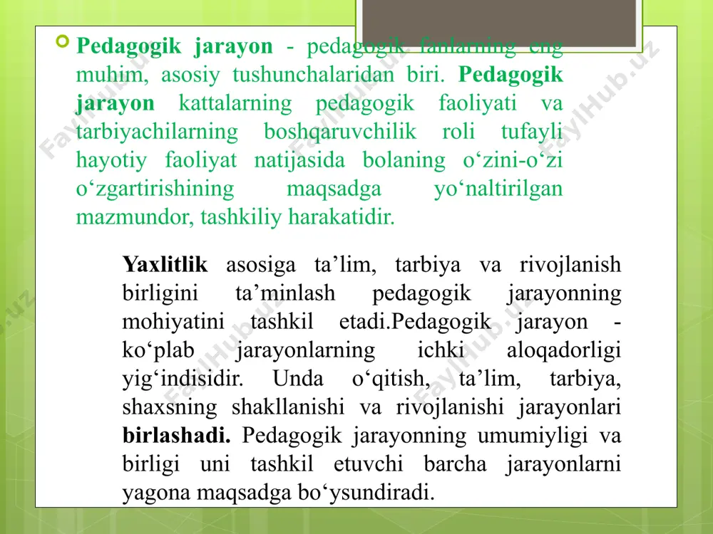 cha turdagi fikrlashni rivojlanishini hisobga olish, ketma-ketlik va tizimlilik; • ko‘rgazmalilik; • tushunarlilik; • sababiylik. umumiy didaktikaning predmeti dars o‘tish (o‘qituvchi faoliyati) va bilim olish (o‘quvchining o‘rganish faoliyati)ning o‘zaro bog‘liqligi va aloqadorligi hisoblanadi. didaktik tizim (yunoncha «systema» – yaxlit qismlardan tashkil topgan, birlashtirish) – ma’lum mezonlari asosida ta’lim jarayoning yaxlit holatini belgilash, ajratib ko‘rsatish demakdir. u ta’limning maqsadi, tamoyillari, mazmuni, shakli, metod va vositalarining birligi asosida tashkil etilgan tuzilmalarning ichki yaxlitligini ifodalaydi. tadqiqotchilar mavjud didaktik konsepsiya (tizim)larni umumlashtirib quyidagi guruhlarga ajratadilar: -an’anaviy; -progressiv; -zamonaviy. didaktika ta’lim jarayonining quyidagi uchta funksiyasini ajratib ko‘rsatadi: ta’lim berish, rivojlantirish va tarbiyalash. ta’lim berish funksiyasi ta’lim jarayonining o‘quvchilarda bilim, ko‘nikma va malakalarni shakllantirishdan iborat. ta’lim natijasi sifatida bilimlarining to‘laligi, chuqurligi, tizimliligi, anglanganligi, mustahkamligi va amaliy xususiyat kasb etishi muhimdir. bu kabi holatlar ta’lim jarayonining metodik jihatdan to‘g‘ri tashkil etilganligini ifodalaydi. ta’limning rivojlantiruvchi funksiyasi ta’lim jarayonida bilimlarni o‘zlashtirish jarayonida o‘quvchining rivojlanishi sodir bo‘lishini ko‘rsatadi. rivojlanish quyidagi …