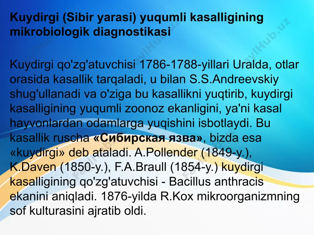 gositoz va antitelolar ta'siridan himoya qiladi. antigen tuzilishi. kuydirgi qo'zg'atuvchisining kapsula (antigen tuzilishi. kuydirgi qo'zg'atuvchisining kapsula (oqsil) va somatik (polisaxariddan iborat) antigenlari bor. polisaxarid tabiatli, guruhga xos somatik antigen hujayra devorida joylashgan bo'lib, alfa-glyukozamin, d-galaktoza va sirka kislotasining qoldig'idan iborat. bu antigen temperaturaga chidamli, shuning uchun qaynatilganda ham bir necha vaqtgacha o'z xususiyatini yo'qotmaydi. antigenning shu xususiyatiga asoslanib, askolining pretsipitatsiya reaksiyasi qo'yiladi. kapsula antigeni oqsildan tashkil topgan bo'lib, tarkibiga poliglutamin kislota kiradi. kasallik batsillasi o'ziga xos himoya (protektiv) antigenni hosil qiladi. bu antigen toksin tarkibiga kiradi, issiqlikka chidamsiz oqsil bo'lib, zaharsiz, ammo immunogenlik xususiyati kuchli, shu sababli keyingi yillarda undan kimyoviy vaksina tayyorlash ustida ish olib borilmoqda. kuydirgi, antrakoid, soxta kuydirgi batsillalari va spora hosil qiluvchi saprofitlarda umumiy antigen-gapten bo'lib, u bir valentli antitelolarni hosil qiladi. chidamliligi. kuydirgi batsillasining vegetativ shakli tashqi muhitda uzoq yashamaydi, 55°c qizdirilganda 40 daqiqada, 60°c qizdirilganda 15 daqiqada, qaynatilganda esa, 1-2 daqiqada o'ladi. ammo, spora …
