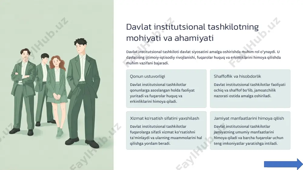 natish uchun uchrashuvlar va forumlar tashkil qiladi. fikrlarni yig'ish tashkilot jamoatchilik fikrini o'rganish uchun so'rovnomalar va boshqa usullarni qo'llaydi. internet resurslari tashkilotning rasmiy veb-sayti orqali jamoatchilikka kerakli axborotlar taqdim etiladi. 10 davlat institutsional tashkilotlarining faoliyatini nazorat qilish davlat institutsional tashkilotlarining faoliyatini nazorat qilish tashkilotning qonunlarga muvofiqligi, samaradorligi va hisobdorligini ta'minlashga qaratilgan. ichki nazorat tashkilotning o'zi tomonidan o'tkaziladigan nazorat tashkilotning samarali faoliyatini ta'minlashga qaratilgan. tashqi nazorat tashqi nazorat tashkilotning qonunlarga muvofiqligi va samaradorligini ta'minlashga qaratilgan. 11 davlat institutsional tashkilotlarining rivojlanish istiqbollari davlat institutsional tashkilotlari rivojlanish istiqbollari davlatning strategik maqsadlariga, jamiyat ehtiyojlariga va zamonaviy texnologiyalar rivojlanishiga bog'liq. 1 raqamlilashtirish tashkilotlarning faoliyatini raqamlilashtirish xizmatlarni takomillashtirish va samaradorlikni oshirishga yordam beradi. 2 shaffoflikni oshirish tashkilotlarning shaffofligini oshirish jamoatchilik ishonchini mustahkamlash va tashkilotning hisobdorligini ta'minlashga yordam beradi. 3 fuqarolar bilan o'zaro munosabatlarni yaxshilash tashkilotlarning fuqarolar bilan o'zaro munosabatlarini yaxshilash tashkilotning samaradorligini oshirish va jamiyatga xizmat ko'rsatish sifatini yaxshilashga qaratilgan. 12 yangi institutsionalistlarning hozirgi talqinida davlatning …