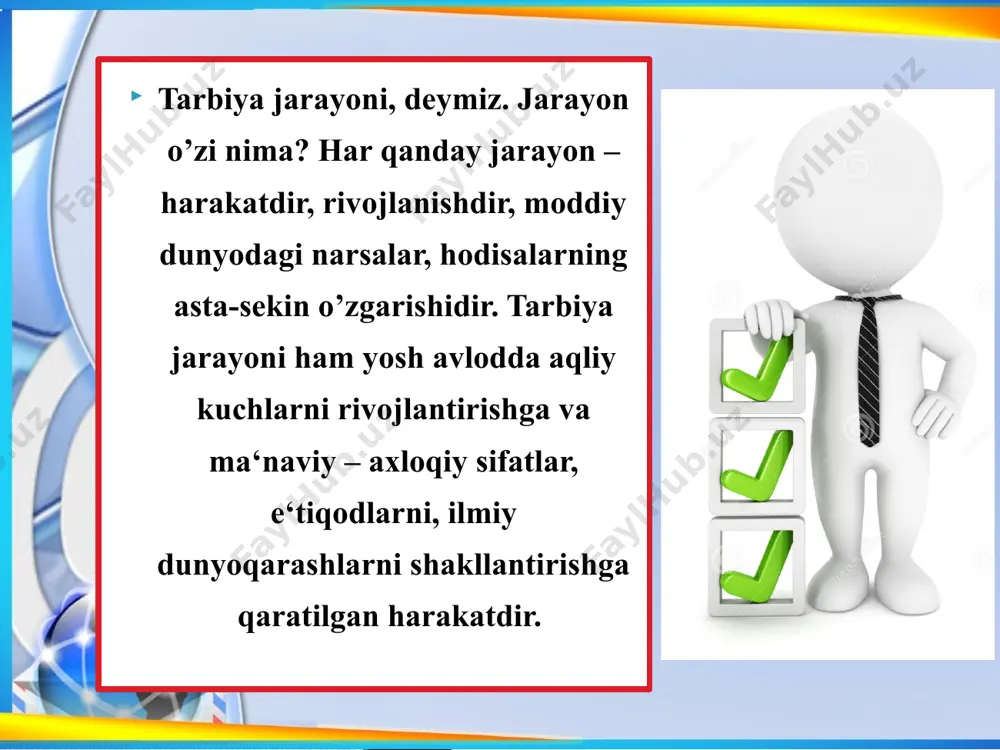 asosida tarbiyalashdir. o`zbekiston maktablari o`quvchilarini milliy tarbiyalash mezonlari mustaqillik tufayli dolzarb ahamiyat kasb etgan, shaxsning milliyligiga aloqador bo’lgan fazilatlarni singdirish tamoyillaridan kelib chiqadi.milliy tarbiya mezonlarini belgilashda mustaqil o`zbekistonning ijtimoiy buyurtmasi bo’lgan ijobiy sifatlar: milliy tarbiya nima? milliy iftixor, vatanparvarlik, millatlararo muloqot madaniyati, milliy odob, iymon-e‘tiqod, milliy istiqlol mafkurasining asosiy g’oyalarni singdirishni; ularning aksi bo’lgan salbiy sifatlar; milliy befarqlik, xoinlik, vatanfurushlik, millatchilik, vijdonsizlik, mafkurasizlik kabilarga nafrat uyg’otish zarur. o`quvchilarning milliy tarbiyalanganlik ko’rsatkichlari, mezonlari qaysilar bo’lishi kerak? bu ko’rsatkichlar quyidagilar: o`zbekiston vatanim mening. vatanparvarlik; o`zbekistonning tabiiy, milliy, ma‘naviy xususiyatlarini bilish; vatanimizning o’tmish tarixi, hozirgi hayoti va kelajagi haqida tushunchalarga ega bo’lish; o’zbek xalqining qahramon farzandlarini bilish, davlat ramzlarini bilish. milliy g’urur asoslari. o’zining o’zbek millatiga mansubligi anglash, faxrlanish; milliy burchlarini anglash, ona tilini sevish; milliy odob. barchani sizlash, o’zidan kattalarga xurmat, ota-onalarga xurmat; vatanni sevish-iymondandir image2.png image3.png image4.jpeg image5.jpeg image6.jpeg image7.jpeg image8.jpeg image9.jpeg image1.jpeg /docprops/thumbnail.jpeg