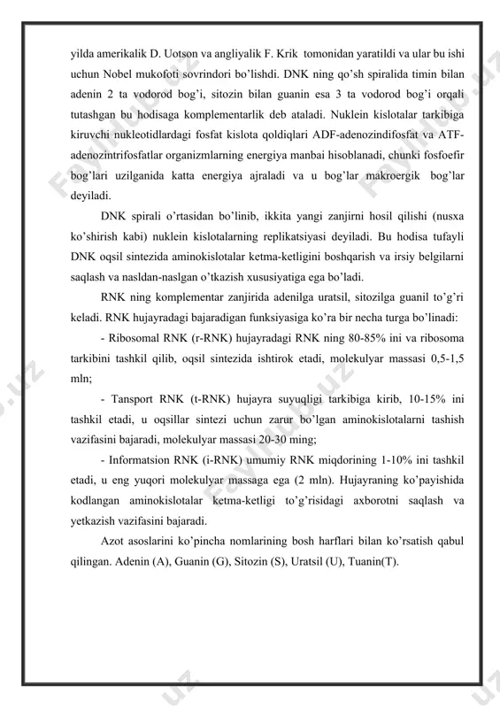 onosaxarid ham beshta uglerod atomi tutadigan pentozalar bo’lib, aldegid guruppani saqlaganlaridan aldozalar qatoriga kiradilar va furanoza strukturasiga egadirlar. ular orasidagi farq faqat ikkinchi uglerod guppasi o’rnida h atomi turadi, ya’ni 2- uglerod kislorod atomidan mahrum, riboza molekulasida 2- uglerod oh bilan bog’langan, dezoksiriboza molekulasida 2-uglerod h bilan bog’langan. shuning uchun ham uning nomiga “dezoksi ” prefiksi qo’yilgan. h h c o c o h c oh h c h h c oh h c oh h c oh h c oh h c oh h c oh h h riboza dezoksiriboza dnk tarkibida purin azotli asoslardan a vag, pirimidin azotli asoslardan s va t lar uchraydi. uglevod komponentlaridan dezoksiriboza kiradi va nihoyat fosfat kislota kiradi [13]. rnk tarkibida purin azotli asoslardan a va g, pirimidin azotli asoslardan s va u lar uchraydi. uglevod komponentlaridan riboza kiradi va bunda ham fosfat kislota qoldig`i bo’ladi. azot asoslari purinlar - purinlar tarkibiga a …