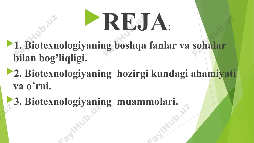 nologik jarayonlari quyidagi bosqichlardan iborat : 1. ekish materialini olish; 2. ozuqa muhitini tayyorlash va sterillash; 3. barcha uskunalar, kommunikatsiya va havoni tayyorlash hamda sterillash; 4. fermentatsiya; 5. lizinni ajratish. 1. organik kislotalar ishlab chiqarish. 2. sirka kislota ishlab chiqarish. 3. limon kislota ishlab chiqarish. 4. sut kislotasi ishlab chiqarish. 5. biogaz ishlab chiqarish. 6. texnologiyasi. tirik organizmlar irsiy axborotini sun’iy yo’l bilan ma’lum maqsadga muvofiq o’zgartirish jarayoni genetik muxandislik fanining asosiy ustqurmasi hisoblanadi. genetik muxandislik hujayra, xromosoma va gen darajasida amalga oshiriladi: 1. hujayra darajasidagi genetik muxandislik ikki hujayrani o’zaro qo’shish yo’li bilan amalga oshiriladi. 2. xromosoma darajasidagi genetik muxandislik hujayra yadrosiga qo’shimcha xromosomalar kiritish orqali amalga oshiriladi. 3. gen darajasidagi genetik muxandislik yoki gen muxandisligi eng murakkab bo’lib, quyidagi bosqichlar asosida amalga oshiriladi: a. qimmatli xo’jalik ahamiyati kasb etadigan gen funksiyasi orqali qidirib topiladi, ajratib olinadi, klonlanadi va tuzilishi o’rganiladi. b. ajratib olingan gen xromosoma dnk si bilan …