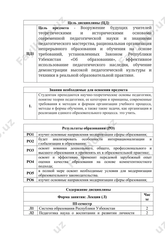 отребления информации у студентов. 2 л15 управление образовательным учреждением. программы международной оценки (programme for the international assesment). основы коррекционной педагогики. инклюзивное образование (inclusive education). 2 итого 30 форма занятия: семинар (с) часы c1 система образования республики узбекистан 2 c2 педагогика наука о воспитании и развитии личности методология и методы научно-педагогических исследований развитие, воспитание и социализация личности 2 c3 дидактика - теория педагогического обучения. образовательный процесс как целостная система. 2 c4 содержание образованияю образовательные методы и средство. 2 c5 формы и типы образовательных организаций 2 c6 steam –образование (steam education). обучение одаренных учеников (education of gifted children) 2 c7 диагностика знаний, умений и навыков учащихся 2 c8 сущность и содержание образовательного процесса. законы и принципы образования. 2 с9 коллектив кака объект и субъект воспитания 2 с10 сущность и содержание процесса воспитания. закономерности и принципы воспитания 2 с11 общие методы воспитания 2 с12 гражданское образование 2 с13 духовно-нравственное воспитание 2 с14 трудовое, …