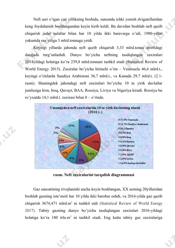 ining xarakterli xususiyati zaxiralarning geografik va stratigrafik bir tekis joylashmaganligi hisoblanadi (2.3-rasm). jahonda aniqlangan neft zaxiralarining 65% dan ortig’i yaqin va o’rta sharq davlatlariga to’g’ri keladi. masalan, 2015-yil ma’lumotlariga ko’ra neft zaxiralari saudiya arabistonida – 36,7 mlrd.t., ironda – 21,7 mlrd.t., iroqda – 20,2 mlrd.t, quvaytda – 14,0 mlrd.t., baada – 13,0 mlrd. tonnani tashkil etadi. rasm. jahonda neft zaxiralarining geografik joylashish diagrammasi yiliga 100 mln.t dan ortiq neft qazib chiqaradigan yirik neft ishlab chiqaruvchi davlatlar saudiya arabistoni, rossiya, aqsh, iron, meksika, venesuela, xitoy, kanada, norvegiya, buyuk britaniya va boshqalar hisoblanadi. nisbatan yirik neft iste’molchilari aqsh, yaponiya, janubiy koreya va germaniya hisoblanadi. jahonning zamonaviy nefgaz qazib chiqarish sanoati shelfda uv qazib chiqarishni oshirishga intilmoqda. xorij davlatlarda neft qazib chiqarish 35% (1095 mln.t.), gaz esa – 31,6% (750 mlrd. m3) ni tashkil etadi. olingan uglevodorodlar o’rnini qoplashga qaratilgan geologik qidiruv ishlari zamonaviy bosqichda quyidagi muammolarga duch kelmoqda: · neft qazib chiqariladigan …