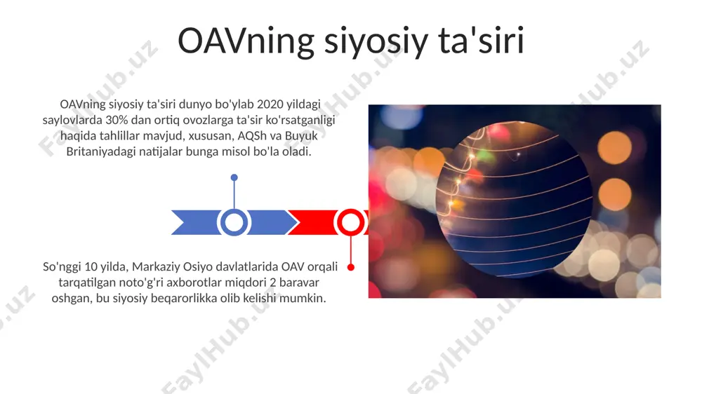 atlariga salbiy ta'sir ko'rsatgan. 2022-yilda andijon viloyatida o'tkazilgan so'rovnoma natijalariga ko'ra, oavning 70% foydalanuvchilari uning ta'sirini ijtimoiy munosabatlarga, jumladan, 25% hollarda oilalararo munosabatlarga bog'laydi. oavning ijtimoiy ta'siri e'tiboringiz uchun rahmat @taqdimot_robot image4.jpg image5.jpg image6.jpg image7.jpg image8.jpg image9.jpg image10.jpg image11.jpg image12.jpg image1.jpeg image2.jpeg