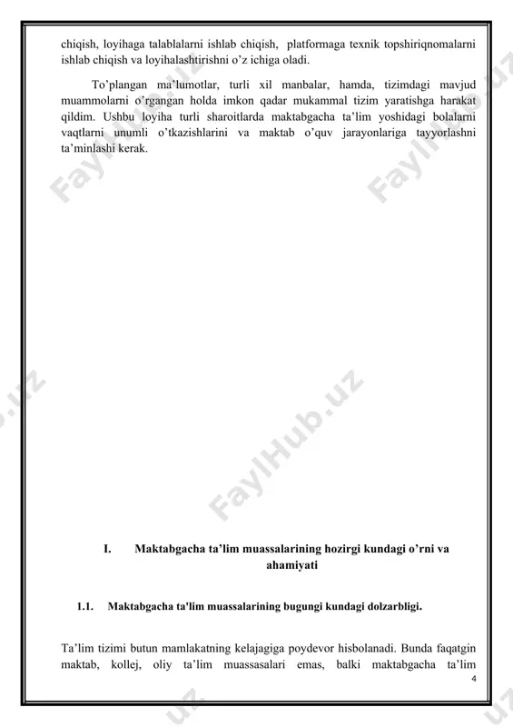 zero har bir bolaning intellektual rivojlanishi u maktab yoshiga yetishidan ancha avval boshlanadi. shu jihatdan ularning intellectual o’sishlarini ta’minlash, ota-onalar nazoratini kuchaytirish uchun ko’riladigan choralar muhim hisoblanadi. bu jihatdan yurtboshimiz va vazirlar mahkamasi tomonidan mtm larning ishlarini yanada takomillashtirish to’risda bir qancha qonun hujjatlari va qarorlash ishlab chiqilgan. o‘zbekiston respublikasi prezidentining “2017 — 2021-yillarda maktabgacha ta’lim tizimini yanada takomillashtirish chora-tadbirlari to‘g‘risida” 2016-yil 29-dekabrdagi pq-2707-son qarori ham shular jumlasidandir. qarorda nodavlat va davlat mtm larninng ish faloyitlarni olib borish chora tadbirlari ko’rsatib o’tilgan. hamda nuqsonli bolalar uchun maktabgacha ta’lim muassasalari o’z faoliyatlarini qanday olib borishlari ham belgilab qo’yilgan. mtm larning asosiy maqsadlaridan biri ish bilan band ota-onalar farzandlarining vaqlarini unumli o’tkazish va sog’liklarini doimiy nazorda saqlash hamda ularni aqliy faolliklarini oshirishdan iboratdir. 1.2. maktabgacha ta’lim muassasalini avtomatlashtirishdan maqsad. mtm larni avtomatlashtirishdan asosiy maqsad mtm lar ishini takomillashtirish, ota-onalarning istagan vaqtlarida farzandlaridan habar olish imkoniyatlarini yaxshilash, pandemiya sharoitida ham mtm lar faoliyatini …