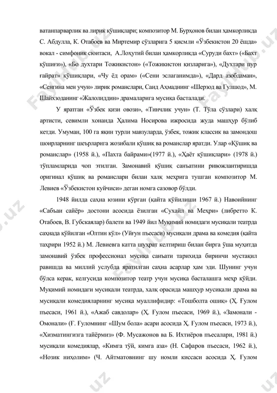 тарихида биринчи мустақил равишда ва миллий услубда яратилган саҳна асарлар ҳам эди. шунинг учун бўлса керак, келгусида композитор театр учун мусиқа басталашга меҳр қўйди. муқимий номидаги мусиқали театрда, халқ орасида машҳур мусиқали драма ва мусиқали комедияларнинг мусиқа муаллифидир: «тошболта ошиқ» (ҳ. ғулом пъесаси, 1961 й.), «ажаб савдолар» (ҳ. ғулом пъесаси, 1969 й.), «замонали - омонали» (ғ. ғуломнинг «шум бола» асари асосида ҳ. ғулом пъесаси, 1973 й.), «хизматингизга тайёрмиз» (ф. мусажонов ва б. ихтиёров пъесалари, 1981 й.) мусиқали комедиялар, «кимга тўй, кимга аза» (н. сафаров пъесаси, 1962 й.), «нозик ниҳолим» (ч. айтматовнинг шу номли киссаси асосида ҳ. ғулом пъесаси, 1978 й.), «мангулик» (ҳ. ғулом пъесаси) мусиқали драмалар билан қуйидаги драма асарларга ҳам мусиқалар яратди: «семурғ» (зулфия ва с. сомовалар пъесаси), «ёлғончи даркор» (д. пеафиса пъесаси), «бахт қўшиғи» (уйғун пъесаси), «шоҳи сўзана» (а. каҳҳор пъесаси), «муҳаббат афсонаси» (н. ҳикмат пъесаси), «туркия ҳақида ҳикоя» (н. ҳикмат), «жазоир менинг ватаним» (диба пъесаси), «ҳамза» (к. …