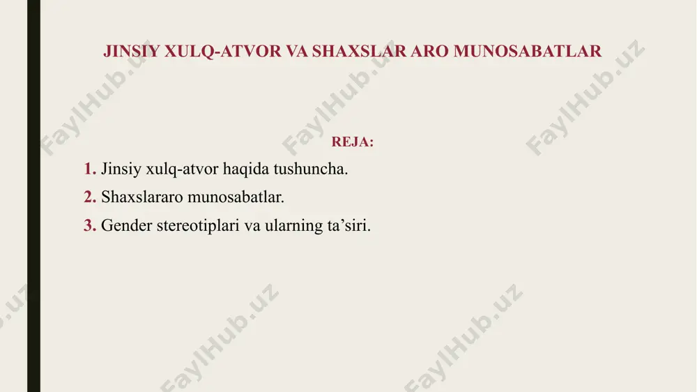 bu ikki yoki undan ortiq inson o‘rtasida yuz beradigan muloqot, o‘zaro ta’sir va aloqalarning psixologik jarayonlaridir. bu munosabatlar, odamlarning jamiyatdagi o‘rni va roli, shuningdek, ularning bir-biriga bo‘lgan hurmati, ishonchi va ijtimoiy holati bilan chambarchas bog‘liqdir. shaxslararo munosabatlar nafaqat o‘zaro kommunikatsiya, balki hissiy, psixologik va ijtimoiy o‘zgarishlarni ham o‘z ichiga oladi. insonlarning bir-biriga bo‘lgan munosabatlari, har bir shaxsning o‘zini tutish tarziga, muloqotga bo‘lgan yondashuviga va boshqalar bilan qanday aloqalar o‘rnatishiga ta'sir ko‘rsatadi. shaxslararo munosabatlar rasmiy (formal): ish, ta’lim, xizmat doirasida yuzaga keladi. norasmiy (noformal): do‘stlik, yaqinlik, oila. shaxslararo munosabatlarning bosqichlari 1. tanishish 2. muloqat qilish 3. ishonchli aloqalar o‘natish 4. konfilikt va murosaga kelish 5. uzoq mudatli yaqinlik yoki uzoqlashish jinsiy xulq-atvor va shaxslararo munosabatlarning bog‘liqligi jinsiy xulq-atvor va shaxslararo munosabatlar ajralmas bir butun. > sog‘lom shaxslararo munosabat sog‘lom jinsiy xulq-atvorni rivojlantiradi, sog‘lom jinsiy xulq esa shaxslararo munosabatlarni yanada mustahkam va samimiy qiladi. ularning uyg‘unligi insonning umumiy baxti, oilaviy hayoti, ruhiy …