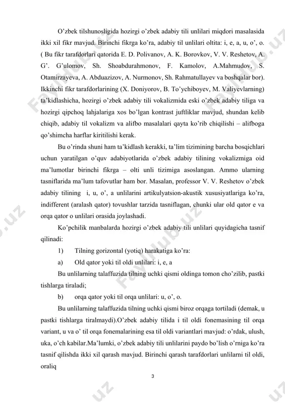 lmaydi).o’zbek adabiy tilida i til oldi fonemasining til orqa variant, u va o’ til orqa fonemalarining esa til oldi variantlari mavjud: o’rdak, ulush, uka, o’ch kabilar.ma’lumki, o’zbek adabiy tili unlilarini paydo bo’lish o’rniga ko’ra tasnif qilishda ikki xil qarash mavjud. birinchi qarash tarafdorlari unlilarni til oldi, oraliq (indifferent) va orqa qatorga bo’ladi. ikkinchi qarash tarafdorlari esa, unlilarni til oldi va orqa qatorga ajratadi va bu eksperimental-fonetik tekshirishlar orqali tasdiqlanadi. biroq o’zbek tili fonetikasiga doir adabiyotlarda unlilar tasnifidagi bu ikki xillik haqida hech nima deyilmaydi. quyida o’zbek adabiy tili unli fonemalari tasnifidagi ana shu ikki xillik haqida o’z mulohazalarimizni bayon etamiz. odatda, birinchi qarash oʻzbek adabiy tilning tayanch shevasi hisoblangan toshkent shevasi talaffuziga, ikkinchi tasnif adabiy tilga oid deb qaraladi. prof. v. v. reshetov toshkent shevasi talaffuziga asoslanib, oʻzbek tilidagi i, u, o’, a unlilarini oraliq (indifferent) tovushlar deb ataydi. bunda fiziologik jihatdan oʻzbek tilidagi i unlisini orqa yoʻnalishidagi til old …