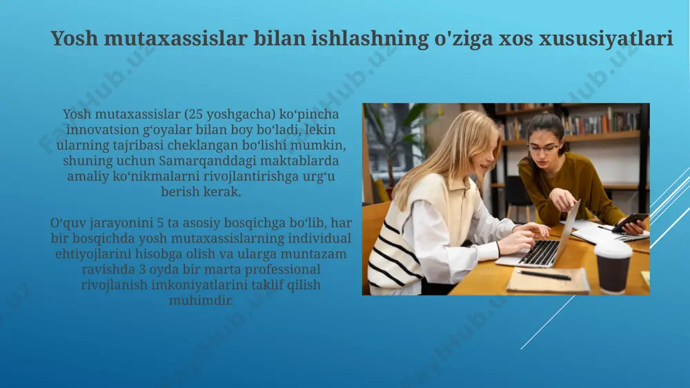andijon viloyati maktablarida tajriba qilingan. muvaffaqiyatli hamkorlikning kaliti toshkentdagi ilg'or maktablar tajribasiga ko'ra, yosh mutaxassislar bilan muvaffaqiyatli hamkorlik uchun 70% vaqtni amaliyotga, 30%ini esa nazariy bilimlarni mustahkamlashga ajratish muhimdir. samarali hamkorlik uchun 20 dan ortiq yosh mutaxassisni 3 ta guruhga bo'lib, har bir guruhga 1 ta tajribali mentor biriktirish va har hafta 1 soatlik muhokamada muammolarni hal qilish kerak. konfliktlarni hal qilish strategiyasi yosh mutaxassislar bilan samarqanddagi maktabda 5 ta konfliktni hal qilish strategiyasini qo‘llash, 80% hollarda ijobiy natijalarga olib keldi. konfliktlarni hal qilishda, masalan, toshkentdagi 3 ta maktab tajribasiga asoslanib, kompromissga erishish usuli 70% samaradorlik ko‘rsatkichiga ega. kasbiy rivojlanish imkoniyatlari xalqaro hamkorlik doirasida, qozog'iston va rossiyadan kelgan 15 nafar tajribali mutaxassis bilan tajriba almashish imkoniyati mavjud bo'lib, bu ularning kasbiy rivojlanishiga sezilarli hissa qo'shadi. yosh mutaxassislarga toshkent shahridagi 5 ta yirik maktabda amaliyot o'tash va 2 yil davomida mentorlik dasturida ishtirok etish imkoniyati taqdim etiladi, bu ularning kasbiy ko'nikmalarini …