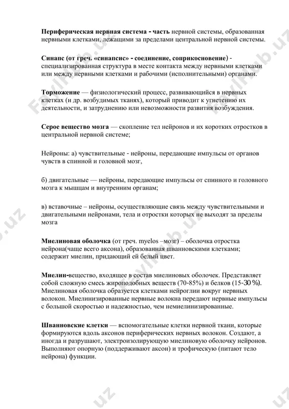 чувствительные - нейроны, передающие импульсы от органов чувств в спинной и головной мозг, б) двигательные — нейроны, передающие импульсы от спинного и головного мозга к мышцам и внутренним органам; в) вставочные – нейроны, осуществляющие связь между чувствительными и двигательными нейронами, тела и отростки которых не выходят за пределы мозга миелиновая оболочка (от греч. myelos –мозг) – оболочка отростка нейрона(чаще всего аксона), образованная шванновскими клетками; содержит миелин, придающий ей белый цвет. миелин-вещество, входящее в состав миелиновых оболочек. представляет собой сложную смесь жироподобных веществ (70-85%) и белков (15-30 %). миелиновая оболочка образуется клетками нейроглии вокруг нервных волокон. миелинизированные нервные волокна передают нервные импульсы с большой скоростью и надежностью, чем немиелинизированные. шванновские клетки — вспомогательные клетки нервной ткани, которые формируются вдоль аксонов периферических нервных волокон. создают, а иногда и разрушают, электроизолирующую миелиновую оболочку нейронов. выполняют опорную (поддерживают аксон) и трофическую (питают тело нейрона) функции. медиатор – химическое вещество, которое участвует в передаче возбуждения …