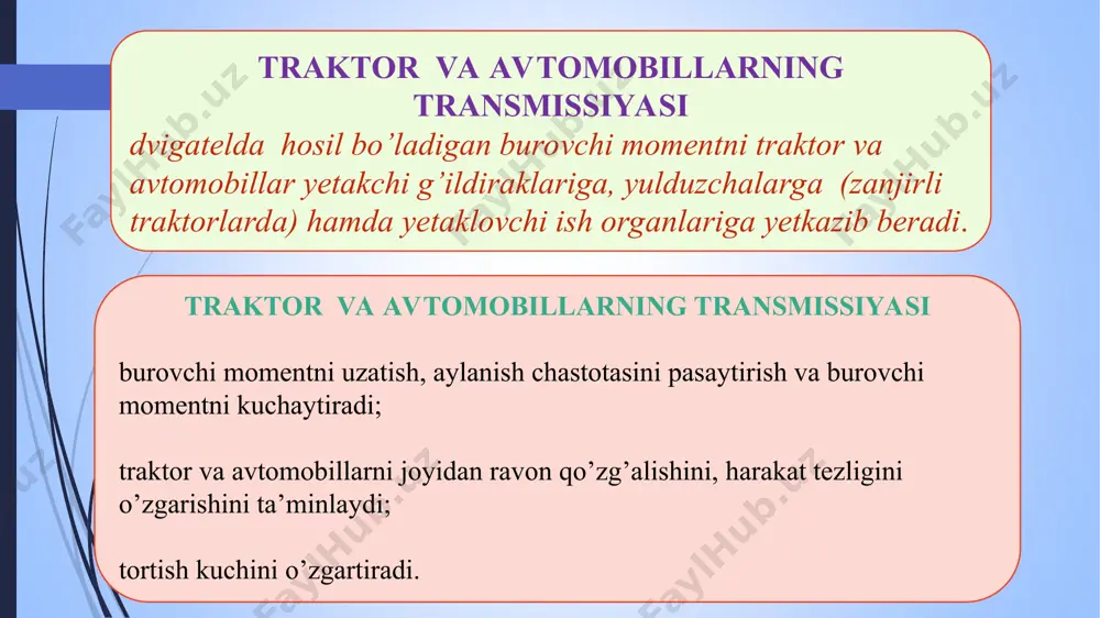 i yarim o’q; 2,6-vilka; 3,5-kulochoklar; 4-disk; 7-ichki yarim o’q. uzatmalar qutisi uzatmalar qutisi- kuch uzatmalarining asosiy reduktori bo’lib, traktor va avtomobillarning yetakchi g’ildirak hamda yulduzchalarida tortish kuchi-ni, tezligini, yo’nalishini (oldinga, orqaga) o’zgartirishga uzoq muddat to’xtab turgan yoki inertsiya bo’yicha yurib ketayotgan mashina dvigatelini kuch uzatmasidan uzib qo’yish uchun xizmat qiladi. oddiy uzatmalar qutisining sxemasi: a-shesternyalarni neytral holati; b,v,g-shesternyalarni oldinga hamda orqaga yurish holatlari; 1,2,3-birlamchi val shesternyalari; 4-oraliq shesternya; 5,6,7-ikkilamchi val shesternyalari; 8-ikkilamchi val; 9-birlamchi val. uzatmalar qutisi uzatmalar qutisi kuyidagicha tafsiflanadi: uzatmalar qutisi uzatish sonini o’zgartirish usuli qarab pog’onali, pog’onasiz va kombinatsiyalangan ko’rinishda bo’ladi. burovchi momentni o’zgartirish usuli bo’yicha pog’onasiz uzatmalar qutisi mexanik, gidravlik, elektr va kombinatsiyalangan turlarga bo’linadi. pog’onali uzatmalar qutilarida ushbu ko’rsatkich fakat mexanik ravishda bajarilib, burovchi momentni o’zgartirish chegaralangan va imkoniyati kam bo’lgan tishli gildiraklar (shesternyalar) juftlari soni bilan o’zgartiriladi. boshkarish usuli buyicha qo’l bilan boshqariladigan, yarim avtomatik va avtomatik ravishda boshkariladigan turlarga bo’linadi. vazifasi. uzatmalar qutisining …