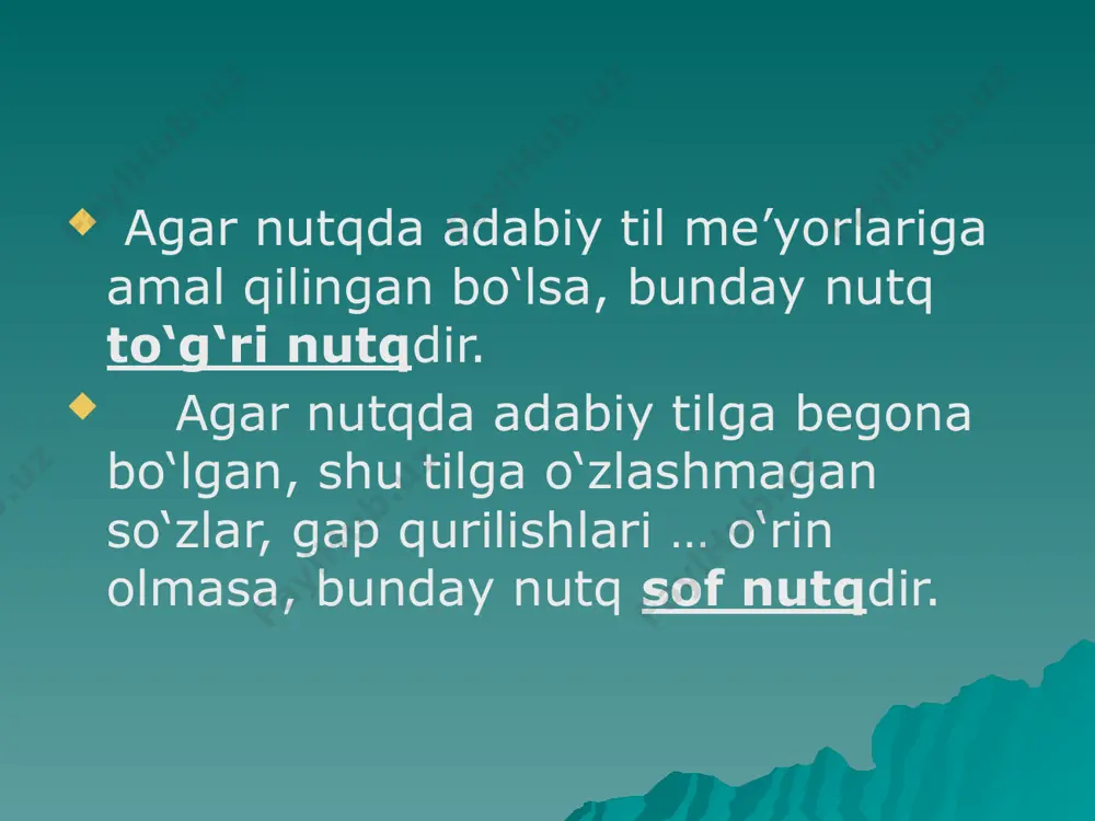 hqari keng dunyoqarashga, mulohaza yuritayotgan mavzu doirasida chuqur bilimga ega bo‘lishi talab etiladi. nutq mantiqiyligining asosiy sharti – bu leksik-semantik va sintaktik normaga amal qilishdir. so‘z tartibiga amal qilish ham muhim. xullas, yaxlit bir tizimda, fikriy izchillikda tuzilgan nutqni mantiqiy nutq deb atash mumkin. yuqorida ta’rifi keltirilgan sifatlar orqali har qanday o’qituvchining nutqi ta’sirchan va darsi unumli o’tadi. e’tiboringiz uchun rahmat! image1.png image2.png /docprops/thumbnail.jpeg