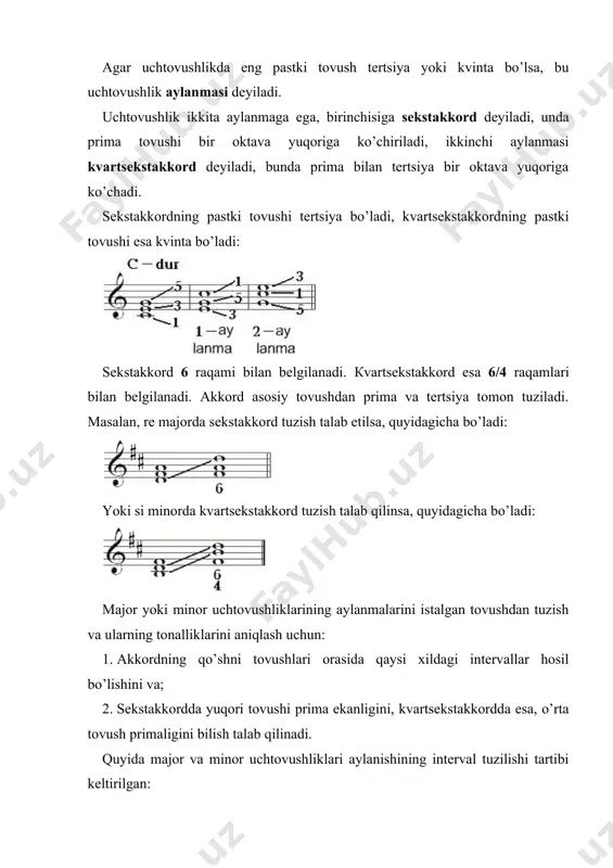 i ko’ramiz. bular 1, 4 va 5–pog’onalardagi uchtovushliklardir. har bir uchtovushlik mustaqil nomga ega bo’ladi. 1 - pog’ona uchtovushligi tonika uchtovushligi; 4 –pog’ona uchtovushligi subdominanta uchtovushligi xe "субдоминанта учтовушлиги" \b ; 5 – pog’ona uchtovushligi esa dominanta uchtovushligi xe "доминанта учтовушлиги" \b deyiladi. bular major uchtovushliklari bo’lganligi sababli major ladi uchun xarakterlidir. bu uchtovushliklar boshqa uchtovushliklarga qaraganda lad funktsiyalarini, ya’ni, turg’un va noturg’un tovushlar munosabatini ko’proq ifodalaydi. shuning uchun ham ular asosiy uchtovushliklar deb ataladi va katta t, s, d harflari bilan belgilanadi. minorning asosiy uchtovushliklari esa kichik harflar bilan yoziladi: t, s, d. garmonik ko’rinishdagi minorda asosiy uchtovushliklarning tuzilishi tabiiy major va minordagidan farq qiladi. majorning 6–pog’onasi pasaytirilganda minor subdominanta uchtovushligi hosil bo’ladi va garmonik majorning yanada mayin eshitilishiga yordam beradi. minorning 7–pog’onasi ko’tarilganda major dominanta uchtovushligi hosil bo’ladi. bu esa, minorga major ladining ba’zi xususiyatlarini beradi: major va minorning yondosh uchtovushliklari. tabiiy va garmonik major hamda minor pog’onalaridan …