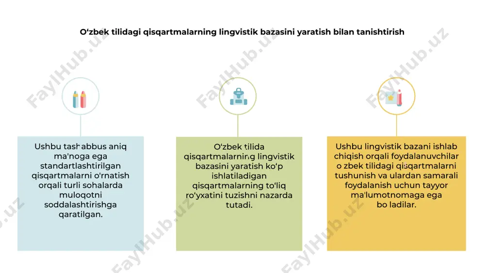 ishlari va madaniy ta’sirlarni tushunishga yordam beradi. o‘zbek matnlarida qisqartmalarning hozirgi qo‘llanilishini tahlil qilish 1 2 3 matnlarni tushunish va qo‘llashni kuchaytirish maqsadida o‘zbek tilidagi qisqartmalarning lingvistik bazasi ishlab chiqilmoqda. joriy foydalanishni tahlil qilish tendentsiyalar va naqshlarni aniqlashga yordam beradi, standartlashtirish va aloqada ravshanlikka yordam beradi. o‘zbek matnlaridagi qisqartmalarni o‘rganish tilni rivojlantirish hamda samarali va samarali muloqotni ta’minlashda hal qiluvchi ahamiyatga ega. o‘zbek tilidagi qisqartmalar uchun lingvistik bazaning potentsial ta’sirini o‘rganish 1 2 3 2 o‘zbek tilidagi qisqartmalarning lingvistik bazasini yaratish muloqotni tartibga solishga qaratilgan salmoqli ishdir. 1 ushbu lingvistik bazaning potentsial ta'sirini o'rganish o'zbek tilidagi qisqartmalarni yozish, tarjima qilish va tushunish samaradorligini oshirishi mumkin. 3 umuman olganda, o'zbek tilidagi qisqartmalar uchun keng qamrovli lingvistik bazani ishlab chiqish aloqani yaxshilash va tilni standartlashtirishni va'da qilmoqda. o‘zbek tilidagi qisqartmalarni to‘plash va turkumlashtirishga yondashuvlar o‘zbek tilidagi qisqartmalarning lingvistik ma’lumotlar bazasini yaratish tilda qo‘llaniladigan turli qisqartmalarni to‘plash va turkumlashtirishga tizimli yondashuvlarni o‘z ichiga …