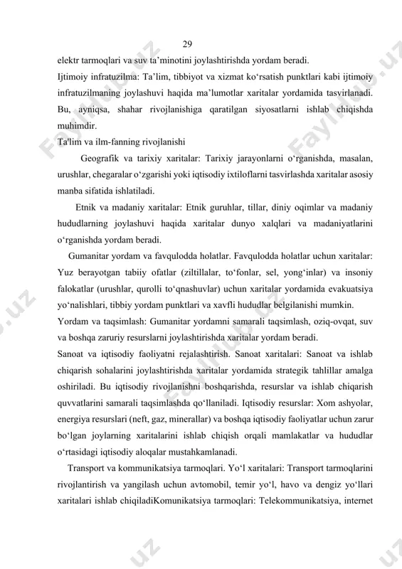 va suv ta’minotini joylashtirishda yordam beradi. ijtimoiy infratuzilma: ta’lim, tibbiyot va xizmat ko‘rsatish punktlari kabi ijtimoiy infratuzilmaning joylashuvi haqida ma’lumotlar xaritalar yordamida tasvirlanadi. bu, ayniqsa, shahar rivojlanishiga qaratilgan siyosatlarni ishlab chiqishda muhimdir. ta'lim va ilm-fanning rivojlanishi geografik va tarixiy xaritalar: tarixiy jarayonlarni o‘rganishda, masalan, urushlar, chegaralar o‘zgarishi yoki iqtisodiy ixtiloflarni tasvirlashda xaritalar asosiy manba sifatida ishlatiladi. etnik va madaniy xaritalar: etnik guruhlar, tillar, diniy oqimlar va madaniy hududlarning joylashuvi haqida xaritalar dunyo xalqlari va madaniyatlarini o‘rganishda yordam beradi. gumanitar yordam va favqulodda holatlar. favqulodda holatlar uchun xaritalar: yuz berayotgan tabiiy ofatlar (ziltillalar, to‘fonlar, sel, yong‘inlar) va insoniy falokatlar (urushlar, qurolli to‘qnashuvlar) uchun xaritalar yordamida evakuatsiya yo‘nalishlari, tibbiy yordam punktlari va xavfli hududlar belgilanishi mumkin. yordam va taqsimlash: gumanitar yordamni samarali taqsimlash, oziq-ovqat, suv va boshqa zaruriy resurslarni joylashtirishda xaritalar yordam beradi. sanoat va iqtisodiy faoliyatni rejalashtirish. sanoat xaritalari: sanoat va ishlab chiqarish sohalarini joylashtirishda xaritalar yordamida strategik tahlillar amalga oshiriladi. …