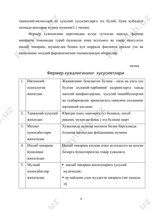 умли фойдаланиш, тупрок таркиби ва хосилдорлигини муттасил ошириб боришга ра\бат яратади. 3) фермер алохида статусга эга шахс сифатида юзага чикади, яъни бунда уз мехнати билан ишлаб чикариш жараёнида иштирок этувчи мехнаткаш, юкори фойда олишни кузлаб уз мол-мулкини таваккалчилик асосида ишлаб чикаришга жалб этган тадбиркор ва маълум бир интелектуал кобилиятга эга булган бошкарувчи бир шахс тимсолида мужассамланади. 4) фермер хужалигида мехнатнинг характери хам узига хос хусусият касб этади. аграр ишлаб чикаришнинг доимий равишда жонли организмлар билан бо\лик холда юритилиши, бу сохада ишлаб чикаришга хакикий жавобгарлик хисси билан ёндашувчи, унинг натижаларидан бевосита манфаатдор шахслар мехнат килиши лозимлигини курастади. фермер факат унинг узи ва оиласининг фаровонлигини таъминлашга йуналтирилган эркин, ижодий мехнатдагина узининг кобилиятлари ва махоратини тулалигича намоён эта олади. 5) фермер хужалигини асосини жамиятининг бошлан\ич бу\ини - оила ташкил этади. оилавий хужаликда узгача ижтимоий ва маънавий мухит мавжуд булиб, бу ерда хар бир шахснинг манфаати бутун оила манфаати билан кушилиб кетади. бунда мехнат …