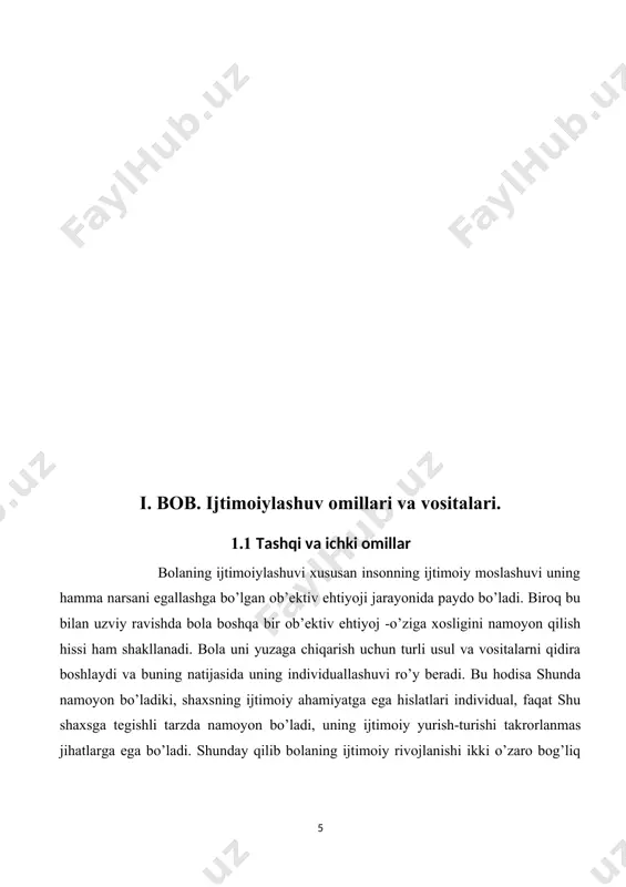 rish.- anglash-shaxsiy men obrazini faoliyatning faol ishtirokchisi sifatida shakllantirish, o’z ijtimoiy mansubligi va o’rnini anglash, o’ziga baho berishni shakllantirish. “ijtimoiylashuv” so’zi dastlab siyosiy-iqtisodiyotdan kelib chiqqan. u siyosiy-iqtisodiyotda yer, ishlab chiqarish vositalarining umumiylashuvi ma’nosini anglatgan.“ijtimoiylashuv” atamasining muammoli deb bu atamani “ijt__ nazariyasi” (1987) kitobida hozirgiga yaqin ma’noda qo’llagan amerikalik sotsiolog f.g.keddings hisoblanadi. uning zamonaviy ma’nosi-“ ijtimoiy tabiat yoki individ xarakterini rivojlantirish, insonni ijtimoiy hayotga tayyorlashdir.xx asr o’rtalarida ijtimoiylashuv inson rivojlanishini uning butun umri mobaynida o’rganuvchi mustaqil ilmiy sohaga aylandi. ijtimoiylashuvning turli konsepsiyalarining tahlili uni shartli raivshda ikki asosiy yondoshuvga ajratish imkonini beradi :0.-sub’ektiv-ob’ektiv. unda insonga jamiyat ta’sirining passiv iste’molchisi sifatida qaraladi (e.dyurkgeym,t.parsons)-sub’ektiv-sub’ektiv. bunda ijtimoiylashuv jarayonida insonning faol o’rni, uning hayotiy holatlarga ta’sir etish qobiliyati nazarda tutiladi.jamiyat va ijtimoiy moslashuv jarayonlarini tushunishning hozirgi talablariga ikkinchi yondashuv ko’proq mos tushadi, chunki zamonaviy fanda ijtimoiylashuv insonning madaniyatni o’zlashtirish jarayonidagi rivojlanish va o’zgarishi bilan aniqlanadi. ijtimoiylashuv shunday jarayonki, unda ojiz chaqaloq o’zi tug’ilgan madaniyatning mohiyatini …